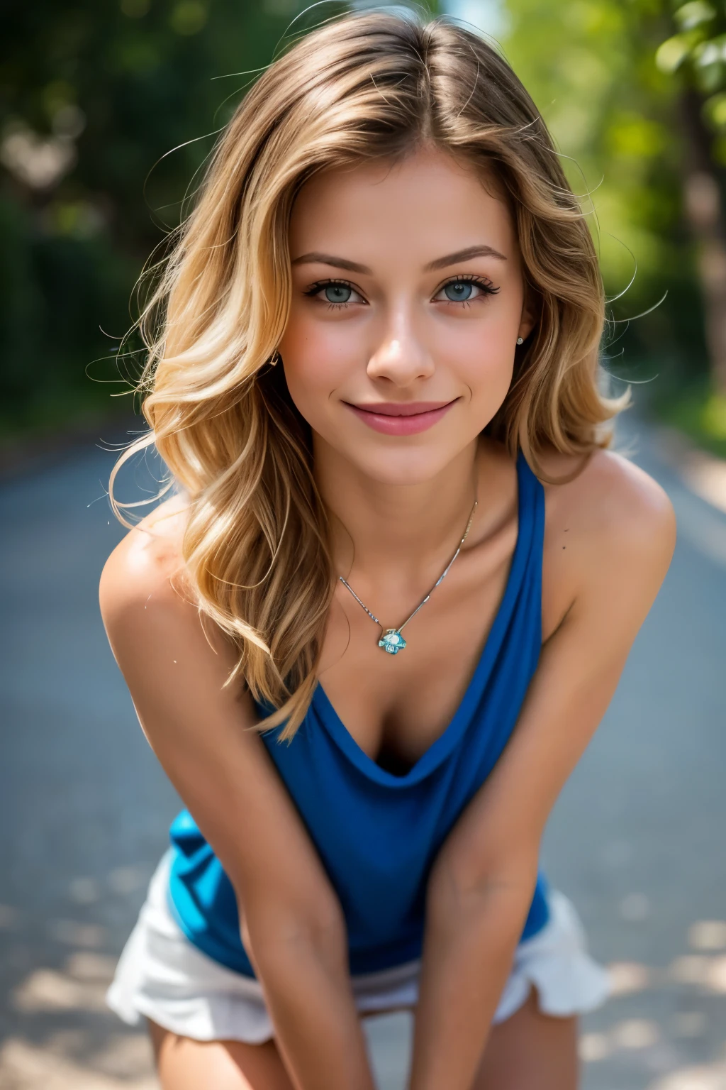 pretty girl, beautiful women, (1 girl, Melissa Benoist:1.1), shy pose, Sexy body shape, too much exposed skin, white tank top, mini skirt, About her daily life outdoor activities, wavy hair, very beautiful, long legs, solo, looking at the viewer, Bare shoulders, detailed eyes, detailed hair, detailed face, innocent smile, gem, whole body, necklace, realistic, Sexy, blonde