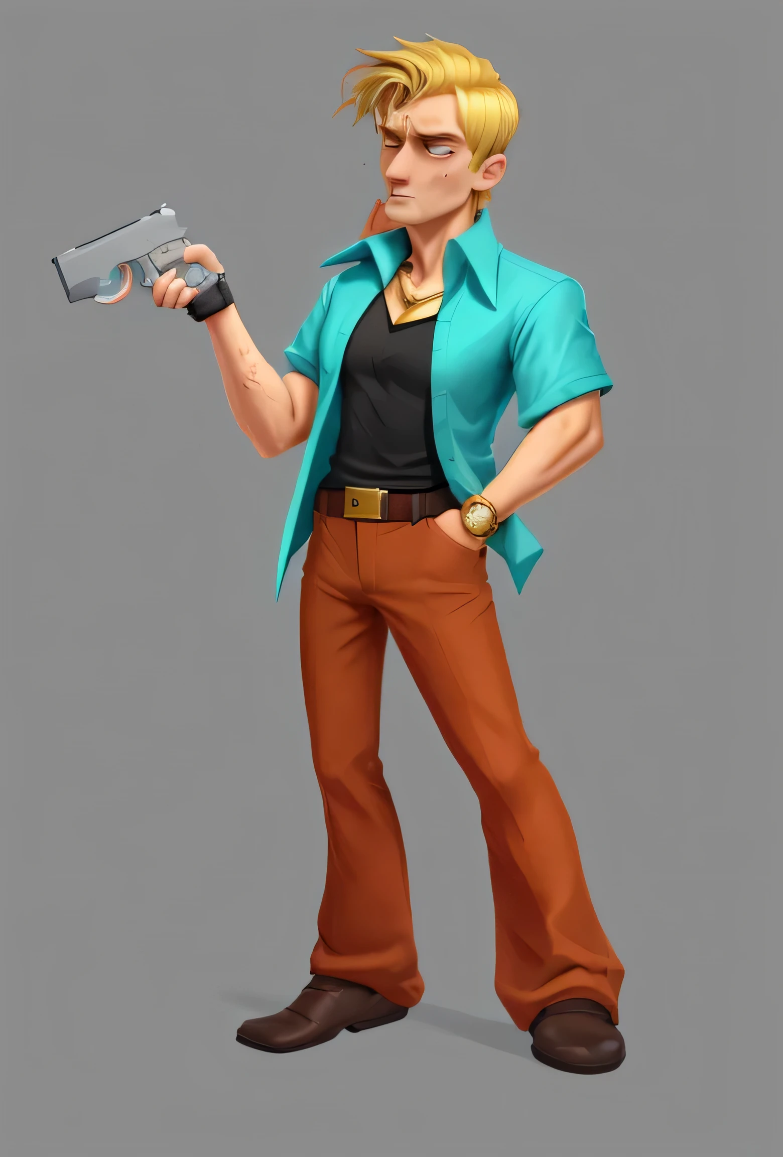 A man,tealpoll shirt,Brick red pants,blonde,Gold-tone watch,gold belt buckle,Holding a pistol in hand,The expression is very exaggerated,Very bad,good at,Arrogant