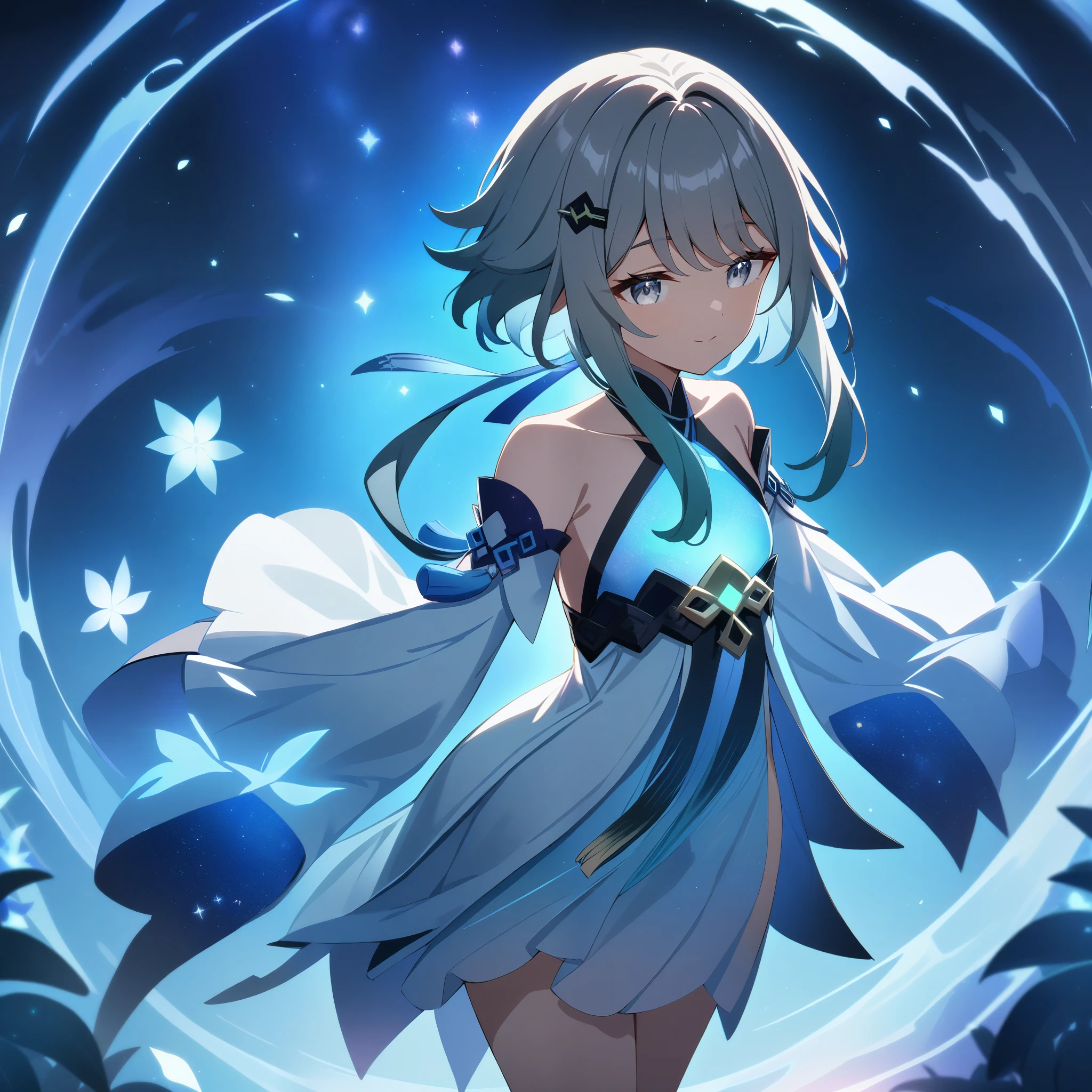 1girl, guizhong_\(genshin_impact\),facing forward,(grey hair),short_hair_with_long_locks in front and low ponytail in back,(pale grey eyes),starry_sky_print,detached_sleeves white outside blue starry inside, hands completely hidden by long sleeves,facing viewer,stunning field of softly glowing cerulean and white glaze lilies,(ladyshadow),night scene,gentle smile,face focus, eye focus,moonlight,anime coloring,cel shading,smooth, soft dreamy focus,anklet,halter_top,white clothes,bare_shoulders,barefoot,cool night tones, magical night scene,transcendent beauty,awe-inspiring artwork,(best quality,4k,8k,highres,masterpiece:1.2),matsuryuu and dsmile and agahari,goddess of stardust,glittering stardust,cosmic,galactic,hairpin