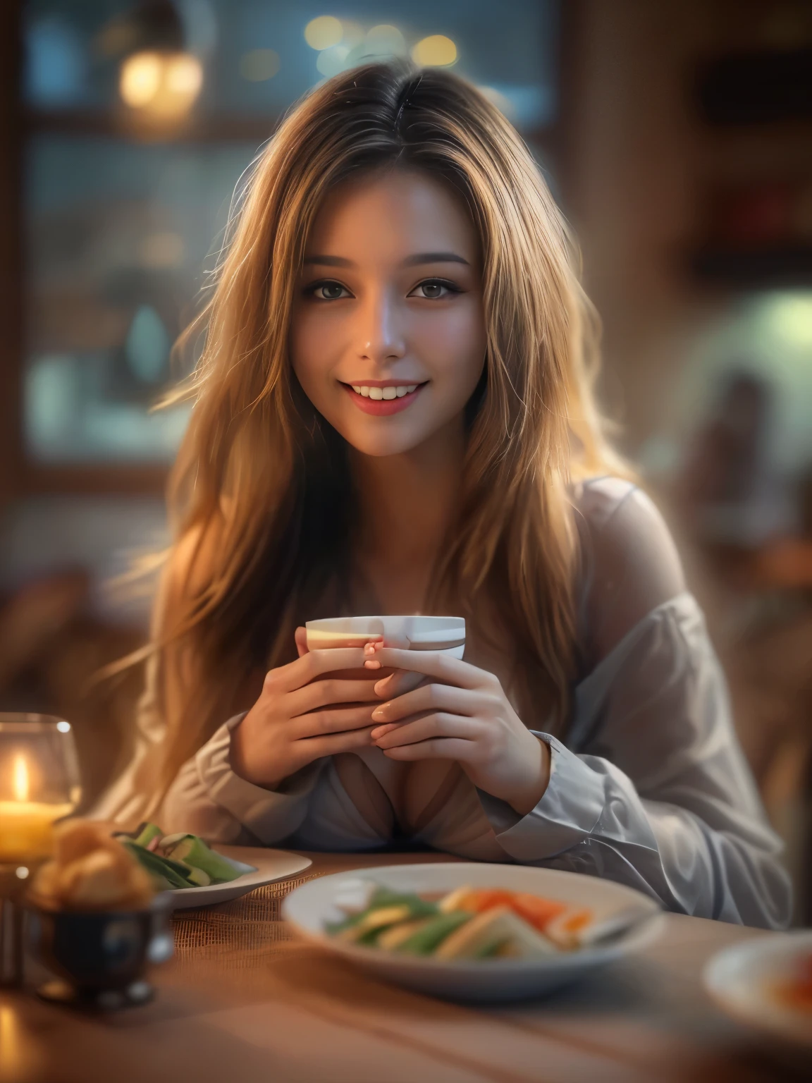 excellent, amazing, Ultra HD, Realistic, girl, (Beautiful Face 1.4), (big, Narrow waist, Big firm bouncing Breasts), Long Hair, indoor, Bokeh, Beautiful light, Shiny skin, Small Head, smile, Dinner Party, Holding a cup