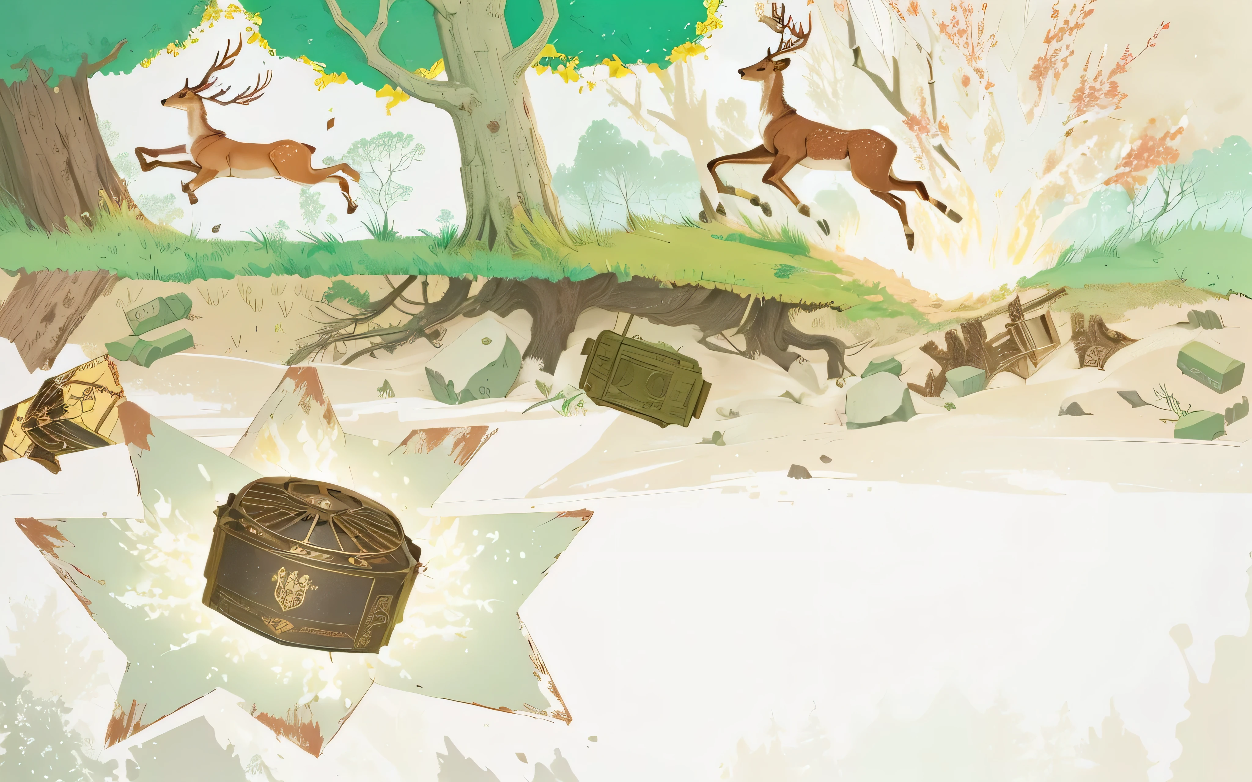 there is a painting of a deer running in the woods, when the mine explosion, childrenbook illustration, children’s book illustration, children's book illustration, story book illustration, a storybook illustration, game illustration, childrens book illustration, storybook illustation, children book illustration, kids book illustration, storybook illustration, concept illustration, whole page illustration, background: battle scene.