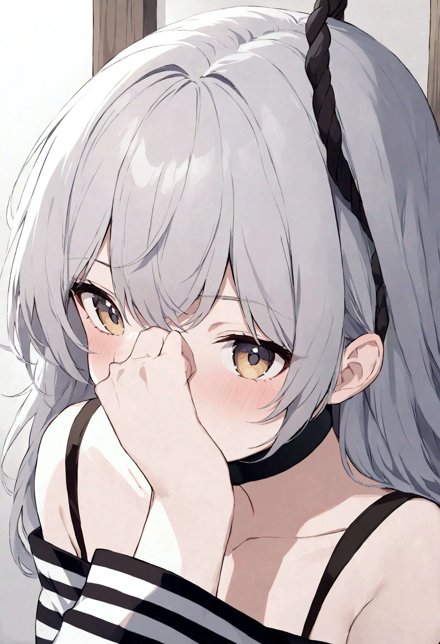 (masterpiece, best quality:1.5), (ultra detailed, high resolution, 8k, beautiful detailed, UHD, best anatomy), white hair, small breasts, 1girl, closed eyes, Tears roll down my cheeks, high , dull background