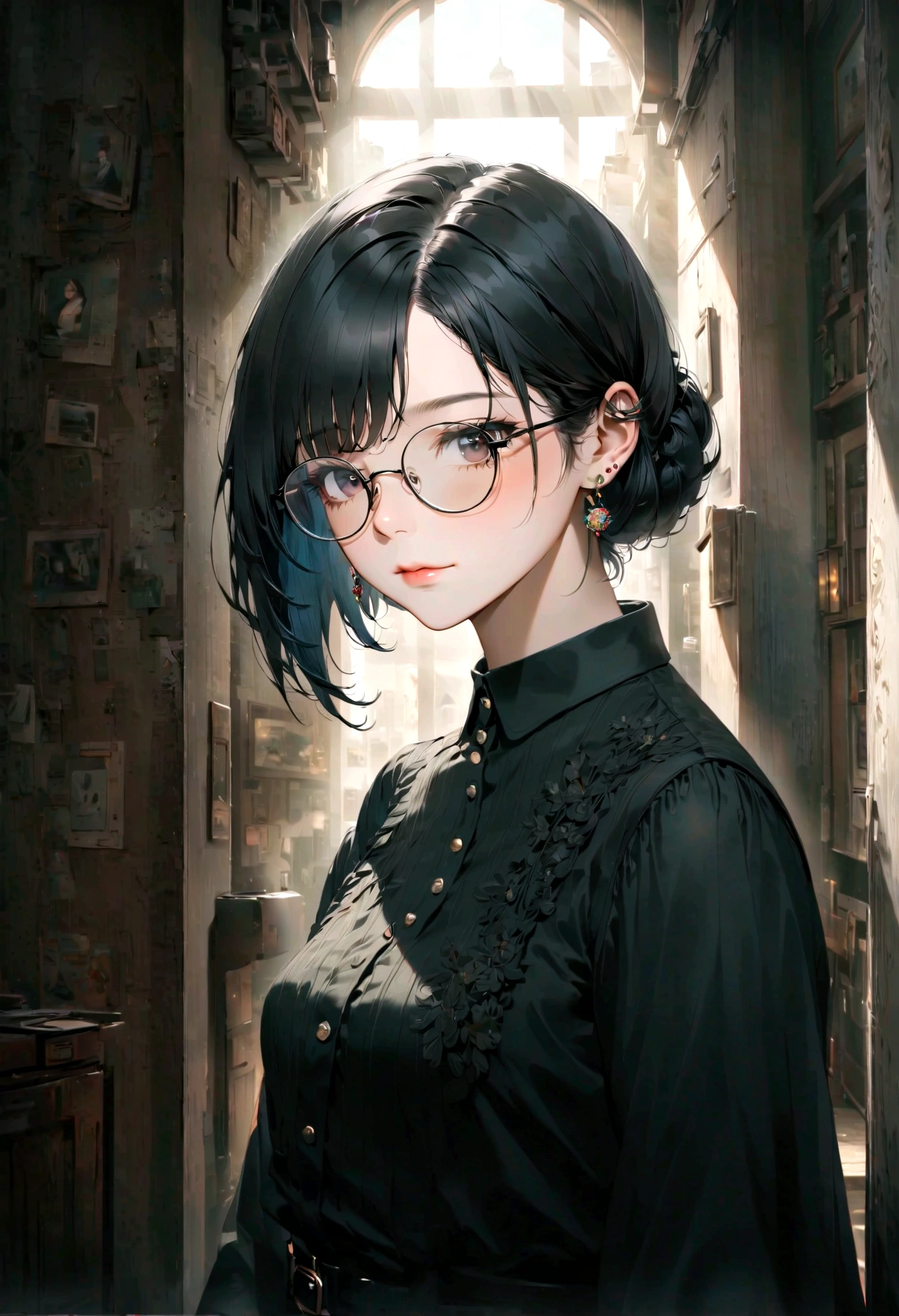 A captivating portrait of a young woman with striking black hair, stylish glasses, and delicate stud earrings, exuding a vintage and feminine charm. Rendered in the highest quality, with exquisite attention to detail, this masterpiece showcases rich, saturated colors, expertly crafted shadows and lighting, and an overall dark, moody atmosphere.