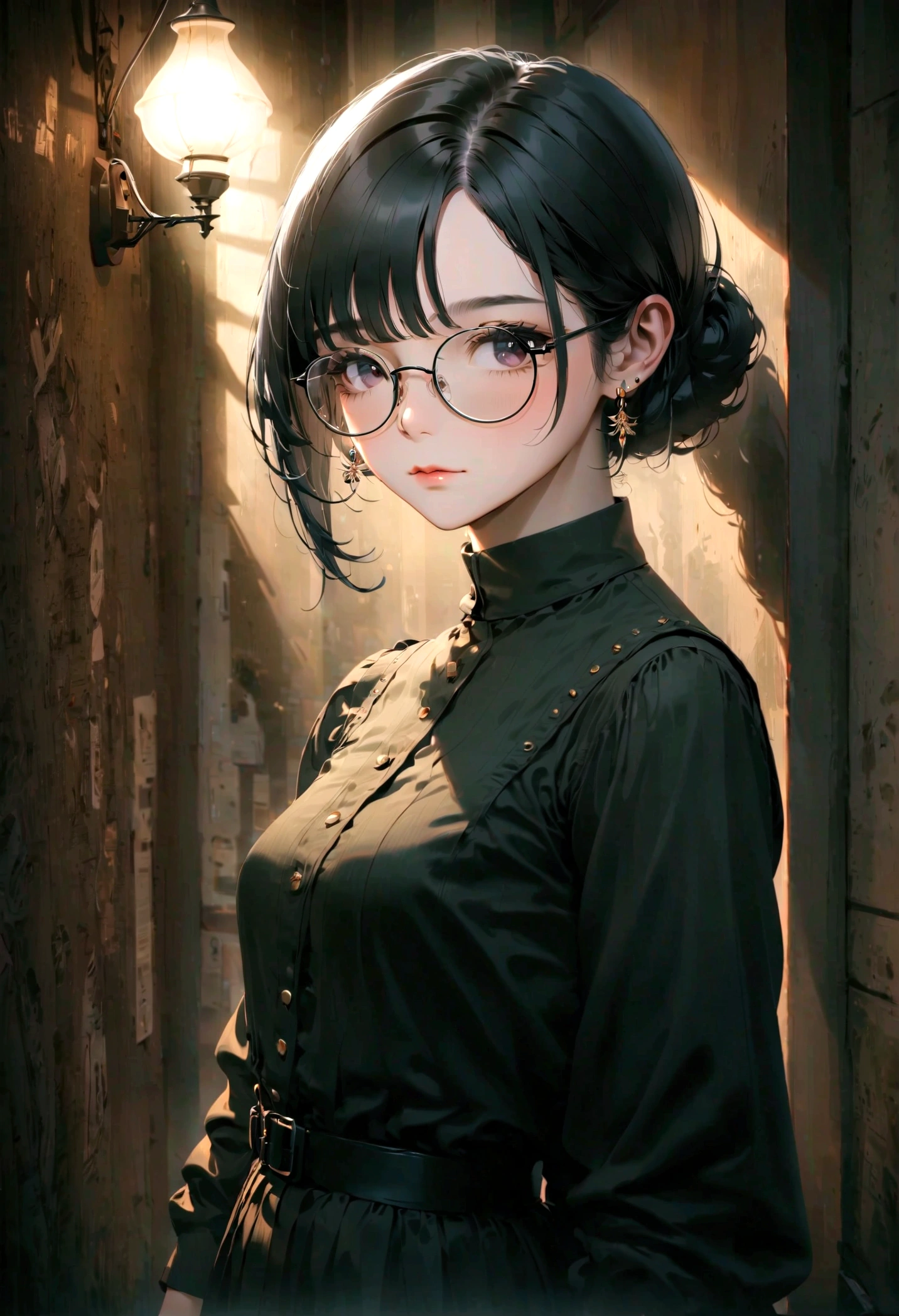 A captivating portrait of a young woman with striking black hair, stylish glasses, and delicate stud earrings, exuding a vintage and feminine charm. Rendered in the highest quality, with exquisite attention to detail, this masterpiece showcases rich, saturated colors, expertly crafted shadows and lighting, and an overall dark, moody atmosphere.