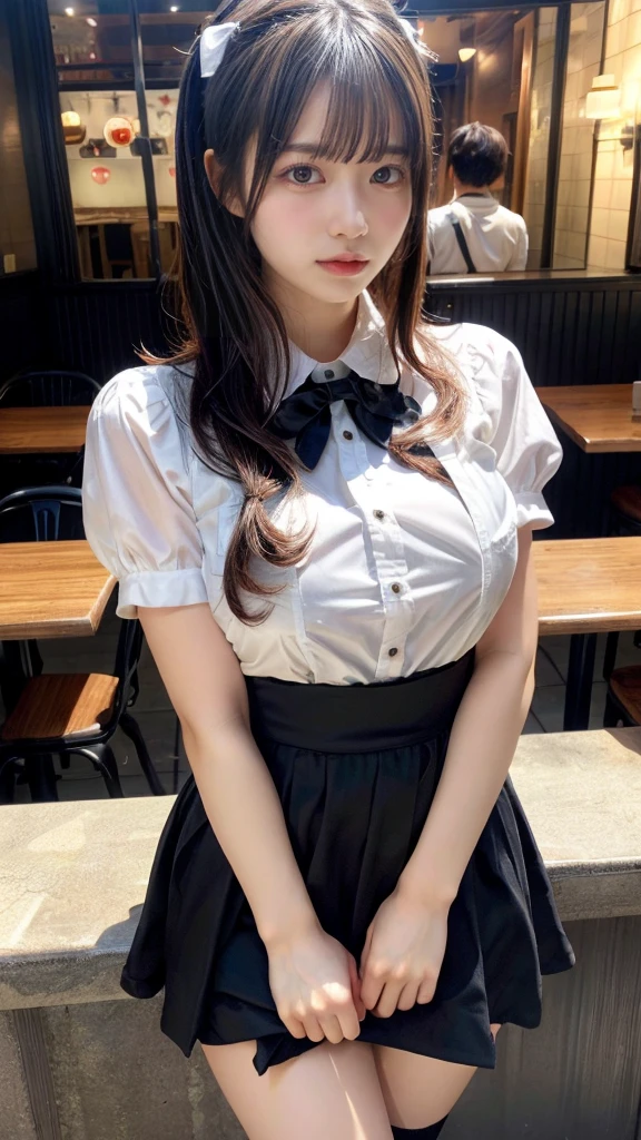 masterpiece, best quality, illustration, Super detailed, fine details, High resolution, 8K,wall paper, perfect dynamic composition,(Details High quality, realistic depiction of eyes:1.3), waitress uniform, restaurant, large breasts, short bob hair、black hair color, Big Natural Color Lip, bold sexy pose, crying a little、Harajuku style、20 year old girl、cute type、lolita、beautiful legs, gravure idol, Voluptuous thighs
