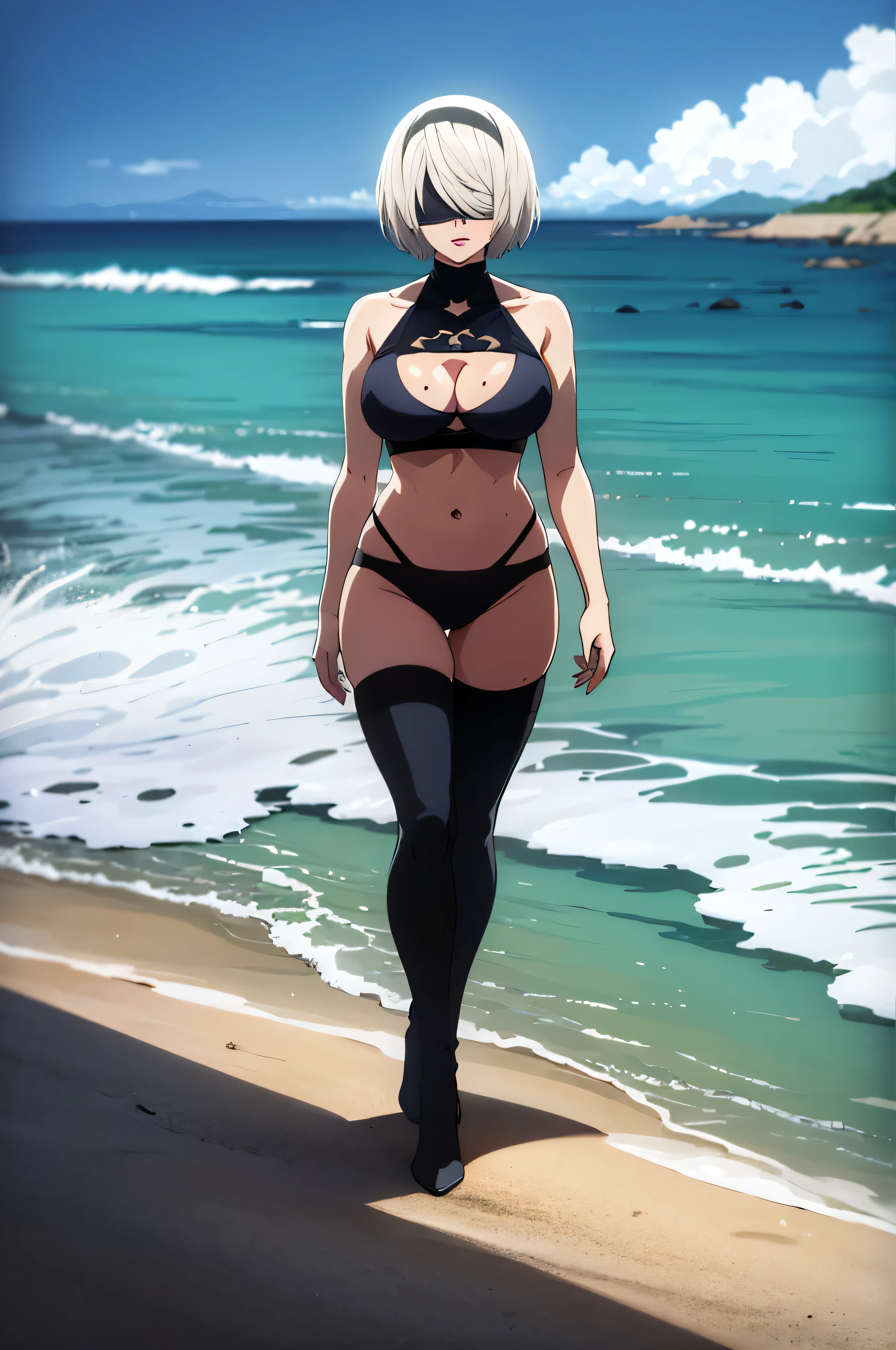 2B, 1girl, solo, short hair, thighhighs, cleavage, large breasts, standing, full body, white hair, hairband, mole, thigh boots, cleavage cutout, black hairband, mole under mouth, bare shoulders, cleavage, black bra, big breasts, large breasts, hard nipples, clavicle, facing viewer, blindfold, covered eyes, black blindfold, masterpiece, black bikini, black panties, see through bikini, ocean, standing in water, wet breasts, ocean view, ocean background, bright sky, sunny, sand beach, waves