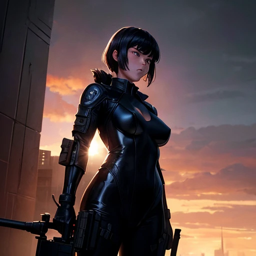 (Famous Paintings:1.2,highest quality,Super detailed,Powerful backlight:1.3,silhouette:1.45),, , //character, 1 Solo Female Mercenary,Ghost in the Shell kusanagi motoko,One eye is glowing red:1.2,Expression: Murderous expression,Overlooking the city.Black leather tight suit:1.2, Hand with a huge anti-tank rifle (Winchester Williams .50),Standing pose,(Looking up angle:1.35), , //background, in Rooftop of a building at night background:1.2,,8k,Unreal Engine 5.Unity.Octanellender