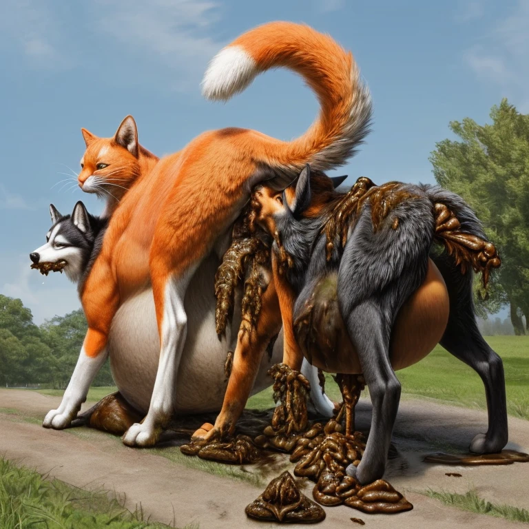 (duo:1.2), ((((husky dog, orange cat, feral)))), standing on all fours, public park, masterpiece, high quality, realistic, detailed background, ((((rear view)))), ((((inflation, excessive feces, rimming, rimjob, deep rimming, eating feces, anal head vore))))