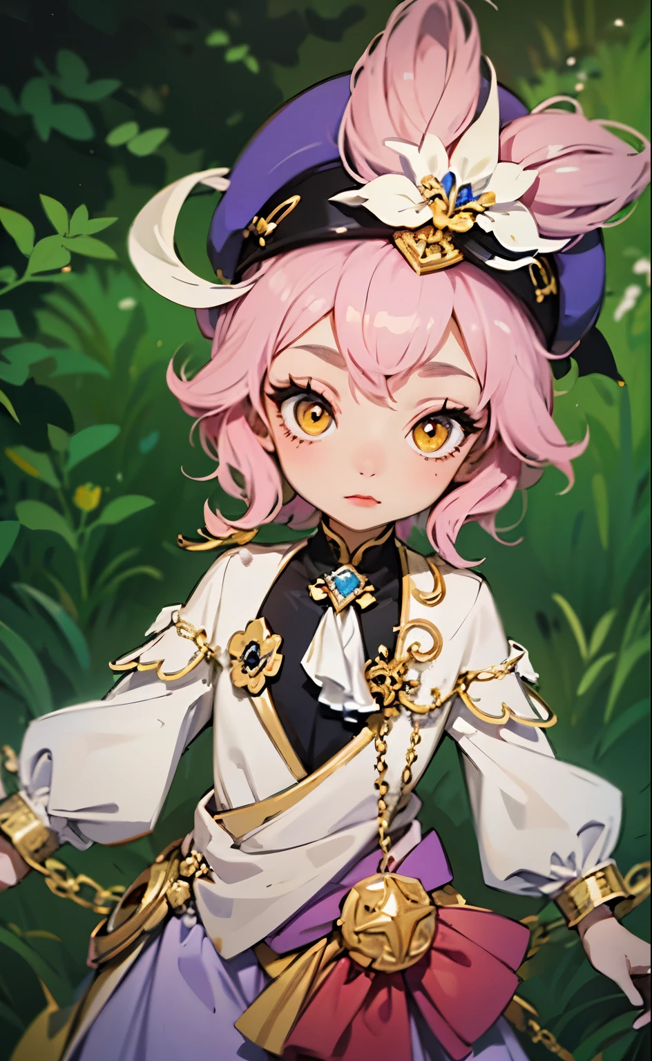 girl who looks like a combination of a magician and a wizard, with pink hair, yellow eyes, a white-purple base with black and gold accents,