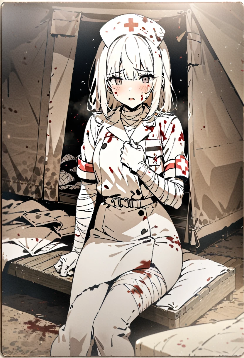 High quality, high definition, high precision images,8k Full HD.1 girl military nurse to a seriously injured soldier Appearing to be wrapped in a bandage, a soldier on a bed in a field tent,Lots of blood on the bandage, a rabbit in the tent