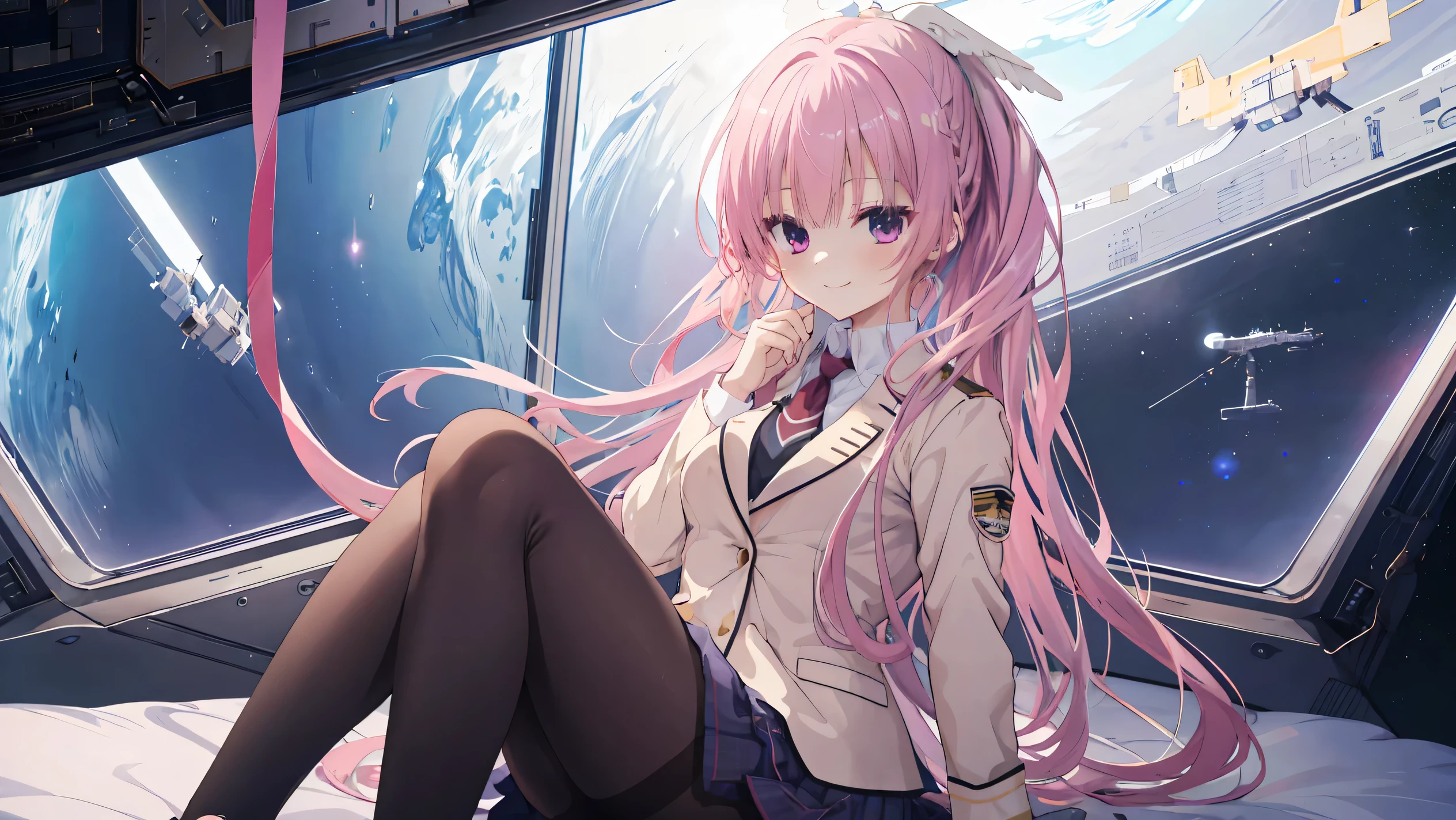 A girl,solo,Pink long hair,happy,Smile,Medium long hair,Dissemination,kikka academy uniform, pantyhose, highres, absurdres,Inside the spacecraft,on the bed,Glass Windows,Space background, Anime style 4k,mitsukasa ayase、Character-centered