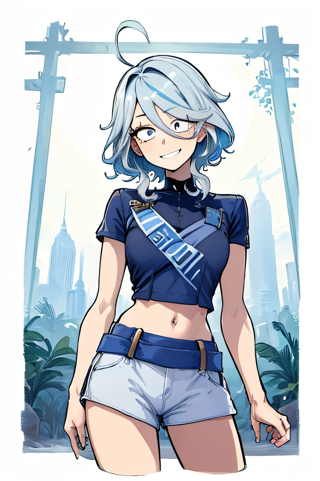 furin、girl、、blue hair, girl、、Lolita、bright smile、Appears to be about 、Petan Musume、short、Eye highlight、sexy hips、Combat uniform、Your eyes are so beautiful、highlight, in a crop top and shorts,