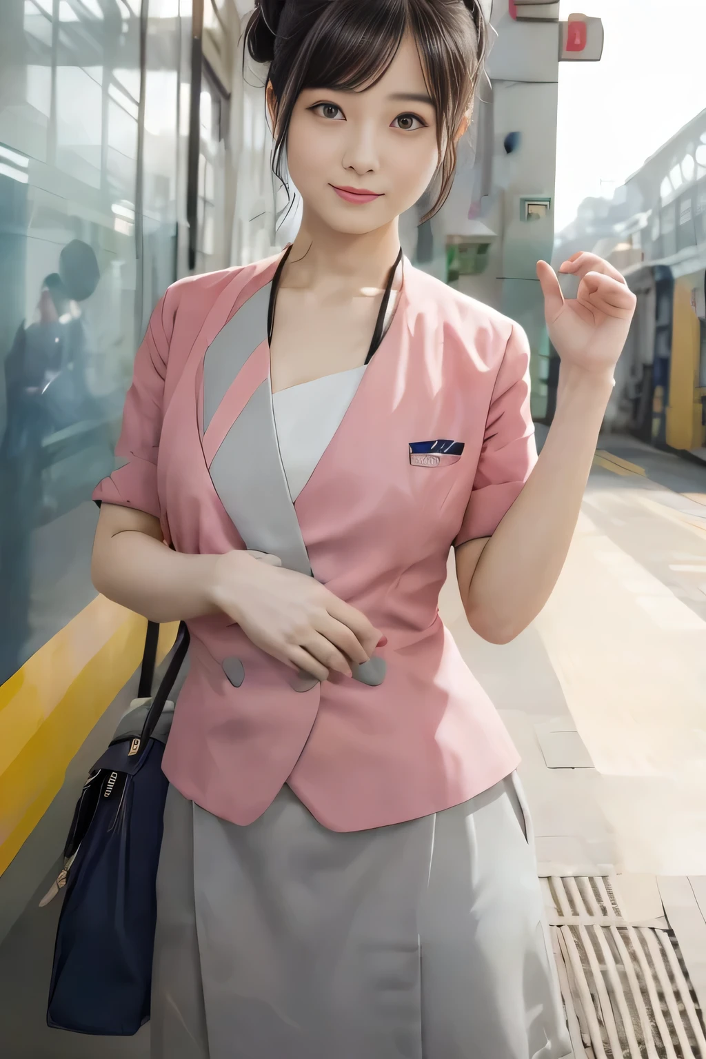 (masterpiece:1.2, highest quality:1.2), 32K HDR, High resolution, (alone、1 girl)、（At the station platform in the afternoon、Professional Lighting）、Background of an empty station platform、（Nankai train crew uniform pinkを着たリアルスタイル）、（Nankai train crew uniform pink short sleeve pink jacket、Nankai Train Crew Uniform Pink Collarless Short Sleeve Blouse、Nankai Train crew uniform pinkのグレー色のキュロットスカート）、Scarf around the neck、Dark brown hair、（Hair tied up、Hair Bun、Hair Bun）、Dark brown hair、Long Shot、Big Breasts、Thin legs、（（Great hands：2.0）），（（Harmonious body proportions：1.5）），（（Normal limbs：2.0）），（（Normal finger：2.0）），（（Delicate eyes：2.0）），（（Normal eyes：2.0））)、smile、（Nankai Train crew uniform pinkのグレー色のキュロットスカートを見せた美しい立ち姿）、Place your hands around your stomach、I have nothing in my hands