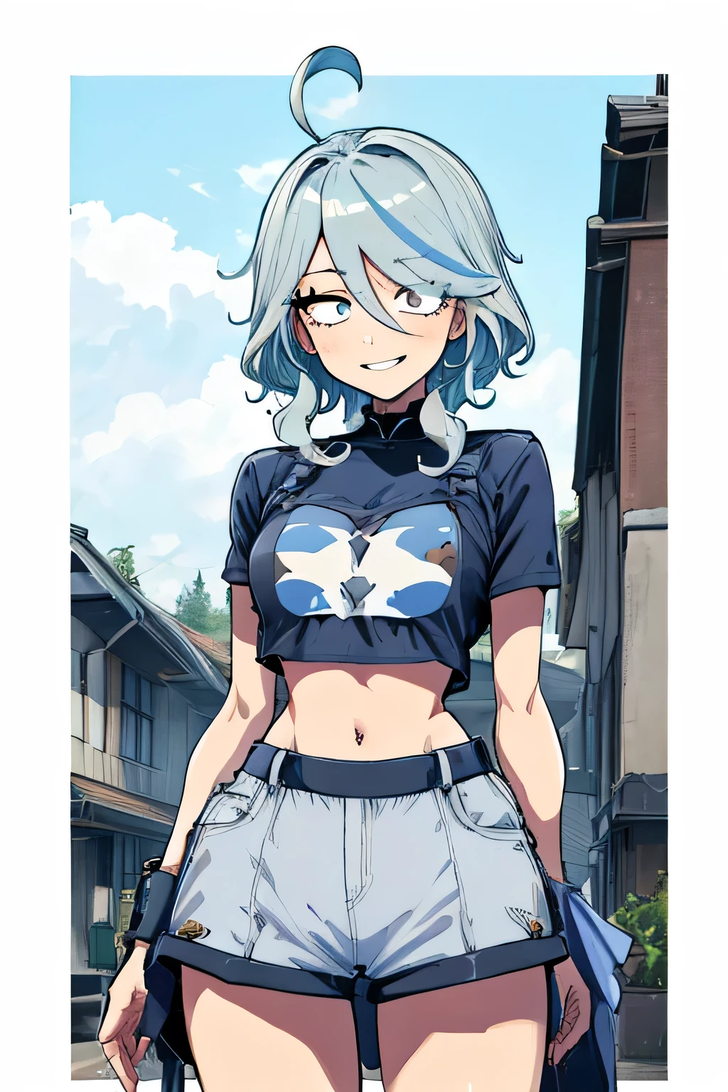 furin、girl、、blue hair, girl、、Lolita、bright smile、Appears to be about 、Petan Musume、short、Eye highlight、sexy hips、Combat uniform、Your eyes are so beautiful、highlight, in a crop top and shorts,