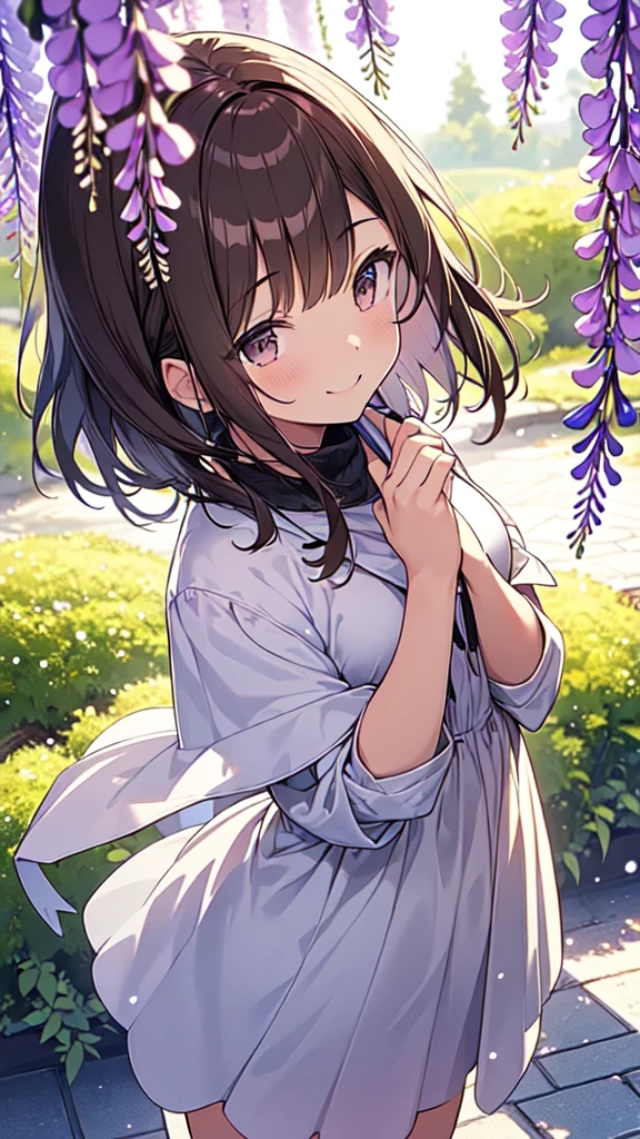 highest quality, masterpiece, Ultra-high resolution, 8k,,Spring Sky,((Winter clothing)),Show anime style , One, Soft Line Art, Digital Enhancement, shojo anime touch, shojo manga core, Flowing fabric, close, Soft Drawing, Ultra-Definition Digital Anime Art, Clear facial depiction, Super detailed girl cartoon character art, Ultra-detailed manga style, highest qualityの色,
(Short brown hair), Wet Hair,Staring at us from the front,Beautiful brown hair, Clear brown eyes, Slightly chubby,Small breasts,The butt is small,(((Teasing Smile))),Hands,Landscape with nature,Ashikaga Flower Park,((Looking up at wisteria flowers)),Angle that allows you to see all the way to your feet