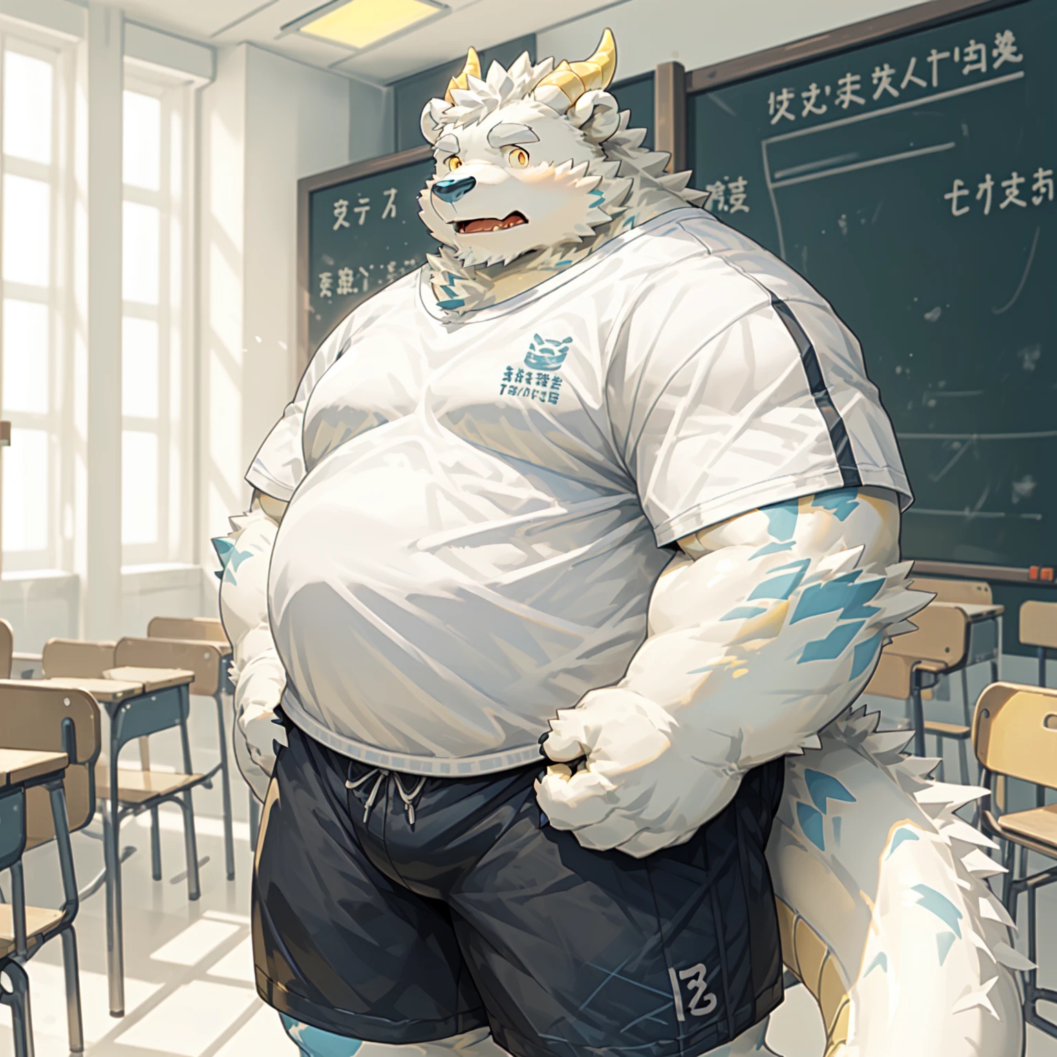 New Jersey 5 Furry，((white dragon bear)),((white fur:1.5)),(((big yellow dragon_horns))),dragon tail,(yohake),Solitary,Chubby,Fat,Thick arms,Rugged muscles,classroom,((white Plush fur)),Chubby Face,Black eyebrows,orange eyes,((white t-shirt)),((shorts)),((hip bulge)),((calmness)),