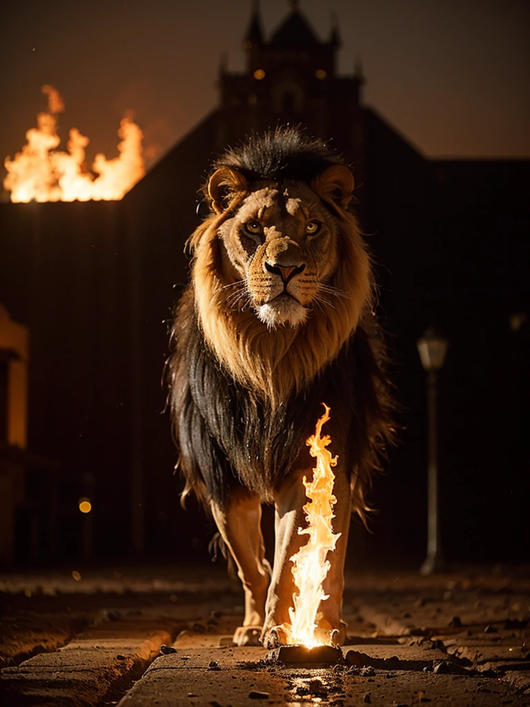 Raw photo, (flaming lion walking outdoor in the dusty square in front of the castle), (lion on fire with face on fire), flames from hair, Image in the center of the composition, in a medieval castle, blurred background, 8K UHD, Low lighting, hiquality, film grain, Fujifilm XT3