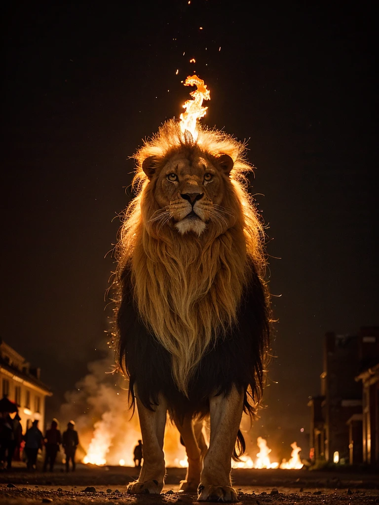 Raw photo, (flaming lion walking outdoor in the dusty square in front of the castle), (lion on fire with face on fire), flames from hair, Image in the center of the composition, in a medieval castle, blurred background, 8K UHD, Low lighting, hiquality, film grain, Fujifilm XT3