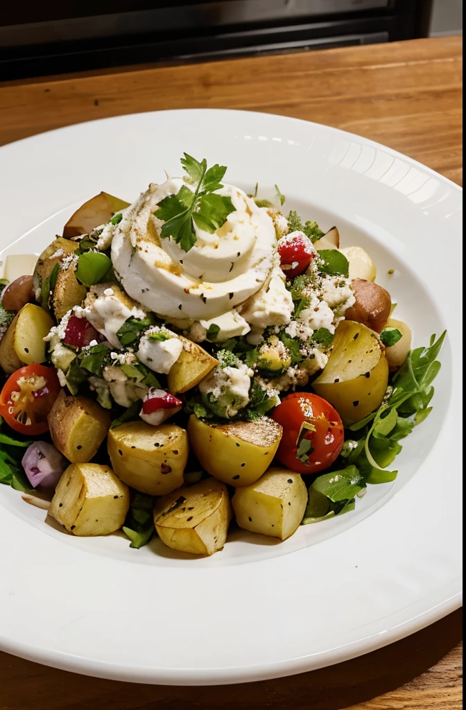 Create an image of food on plate with potato as main course dish named Greek potato salad with high quality resolution
