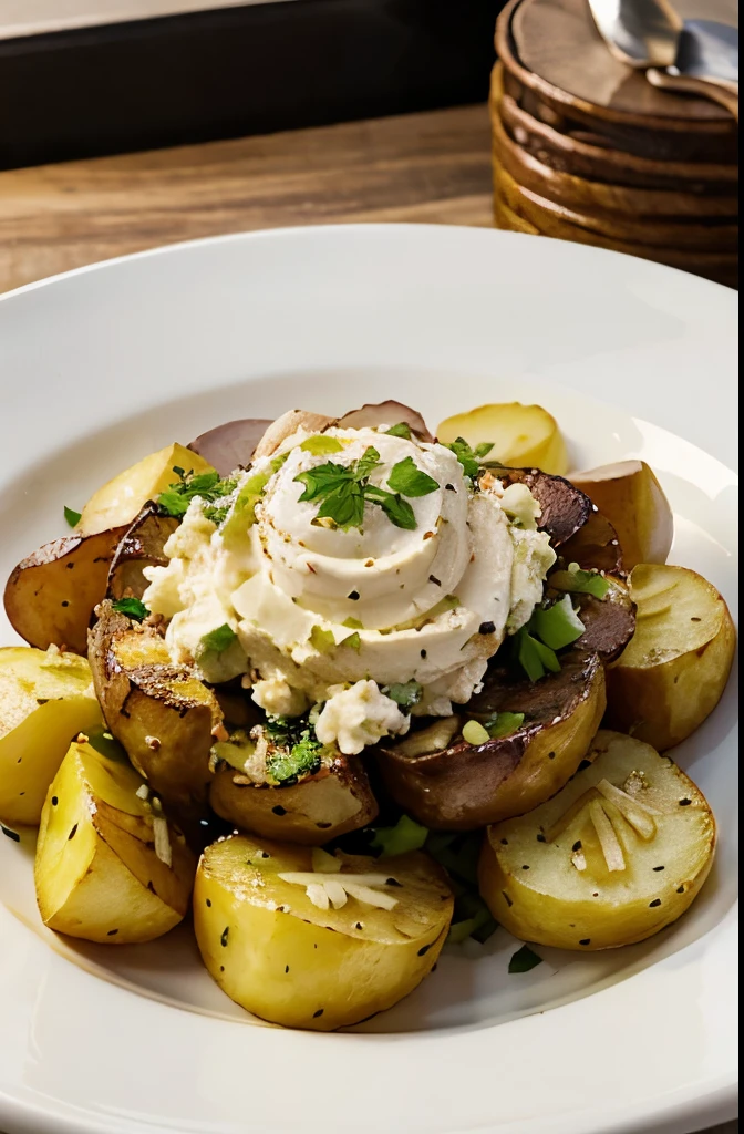 Create an image of food on plate with potato as main course dish named Greek potato salad with high quality resolution