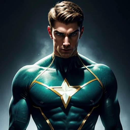 The superhero ‘Psychic Man’ is an absolute muscle colossus. Young and handsome with Broad shoulders and bulging traps. Packed with dense, striated muscle. He wears a large emerald jewel set into a thick gold necklace. He stands tall and intimidating. His eyes glow bright green as he channels his psychic powers. Blond stubble