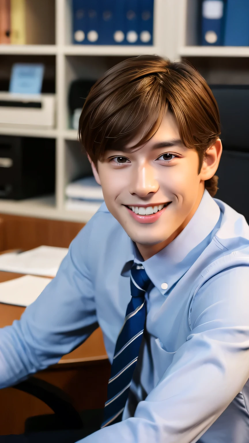 Photorealistic, 8k, whole body, Beautiful Boy, Japanese, Attractive look, detailed face, A shirtless muscular man is relaxing in the office at night,masterpiece, highest quality, high resolution,detailed, (One man), alone, detailed ,Short Hair,Brown Hair,Keep your eyes on the camera,Showing his teeth and smiling,20s,No chest hair,Beardless,Super handsome,K-pop idol-like appearance,Realistic Skin, Blur the background,Office at night、The shirt is open