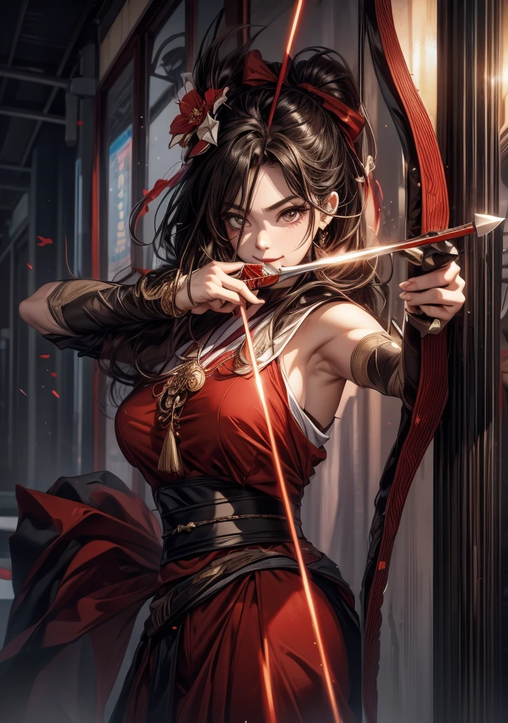 Make your lipstick redder、elevate the nose、smile、Japanese sword in right hand、The Japanese sword in his right hand is shining brightly..、cute、beauty、sharp, Big eyes、Long eyelashes、8k、Are you okay、highest quality、Eyebrow々Successfully、Big red flower hair ornament、No change in breast size、The bow is made of brown bamboo.、Eyes are narrow and realistic、Mouth clenched、The right wrist is wrapped in a white cloth bandage.、All-white kimono、Red sleeve、Black belt around the waist、Eyes are realistic、shoulders are not exposed、The breasts are not exposed、The entire garment has a detailed floral pattern.、A black kimono belt around the waist. Sengoku period.