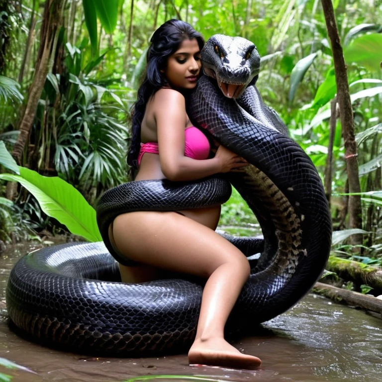 Pregnant Topless pink thong wearing aroused horny beautiful happy indian girl vs Giant black anaconda monster wrapped around her body squeezing her in coiled embrace cuddling and kissing sexual erotic bestiality sex realistic in the rainforest full body, best quality wet