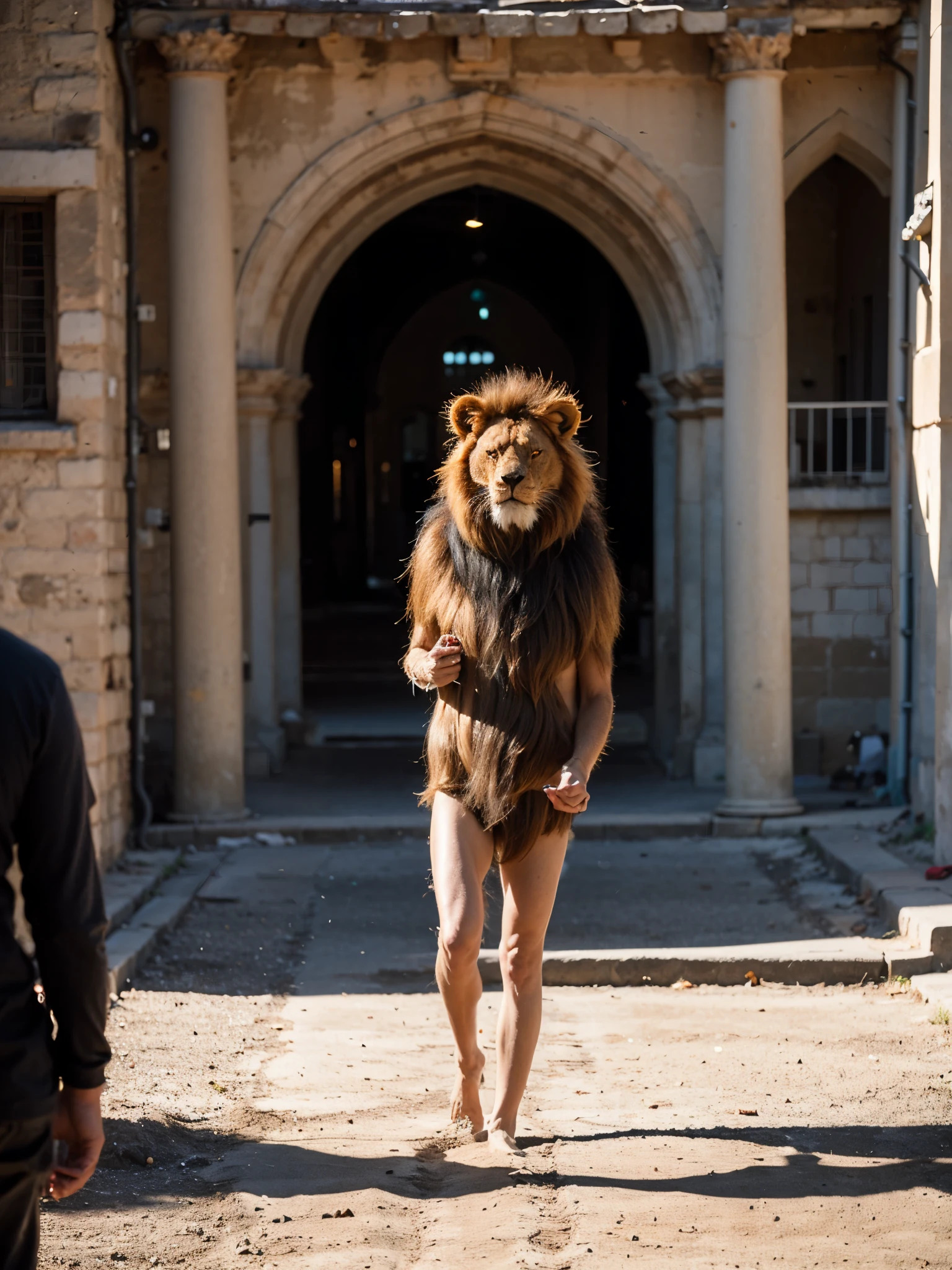 Raw photo, (flaming lion walking outdoor in the dusty square in front of the castle), Image in the center of the composition, in a medieval castle, blurred background, 8K UHD, Low lighting, hiquality, film grain, Fujifilm XT3, very hairy legs, very long hair