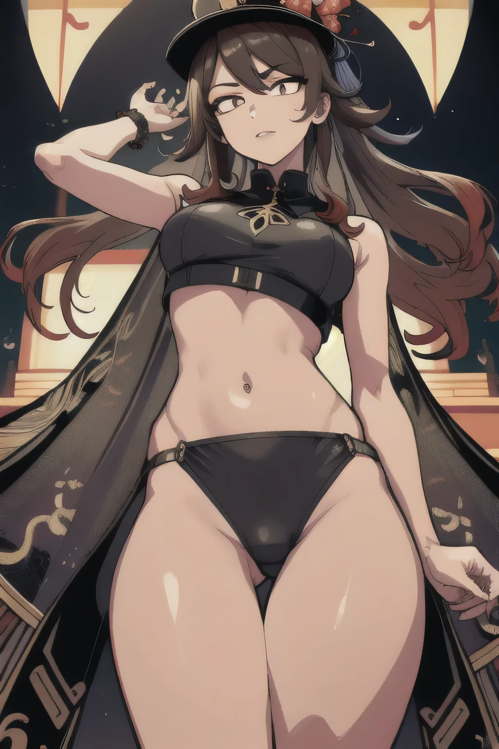 (Best quality, masterpiece:1.4), absurdity, Ultra-detailed computer graphics, 8K, high detail, Beautiful face, detailed face, 1 Girl, One, hutaodef, flat chest, in a crop top and thong