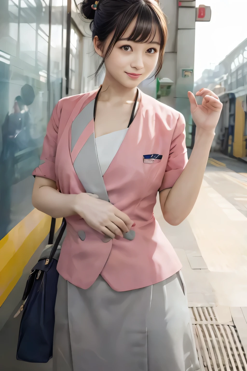 (masterpiece:1.2, highest quality:1.2), 32K HDR, High resolution, (alone、1 girl)、（At the station platform in the afternoon、Professional Lighting）、Background of an empty station platform、（Nankai train crew uniform pinkを着たリアルスタイル）、（Nankai train crew uniform pink short sleeve pink jacket、Nankai Train Crew Uniform Pink Collarless Short Sleeve Blouse、Nankai Train crew uniform pinkのグレー色のキュロットスカート）、Scarf around the neck、Dark brown hair、（Hair tied up、Hair Bun、Hair Bun）、Dark brown hair、Long Shot、Big Breasts、Thin legs、（（Great hands：2.0）），（（Harmonious body proportions：1.5）），（（Normal limbs：2.0）），（（Normal finger：2.0）），（（Delicate eyes：2.0）），（（Normal eyes：2.0））)、smile、（Nankai Train crew uniform pinkのグレー色のキュロットスカートを見せた美しい立ち姿）、Place your hands around your stomach、I have nothing in my hands