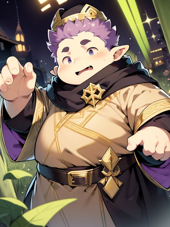 cute，fat Boy，Black hat with gold brim，Light brown short hair，Purple scarf，Black eyes，Light green and black priest robes，Elf ears，overweight，Pink nose，Confused expression，