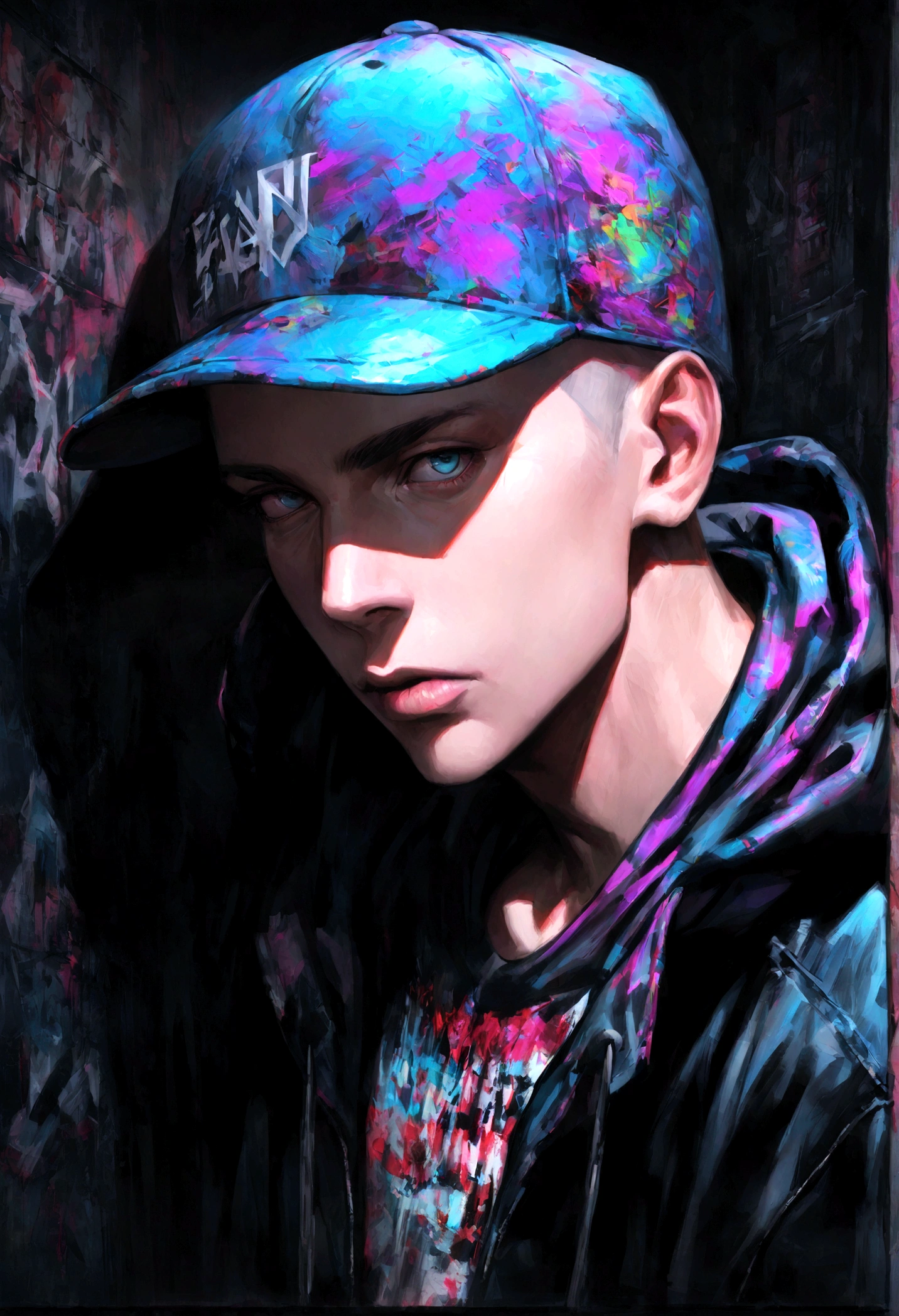 "Portrait of Eminem in a hyper-realistic style, wearing his iconic hoodie and cap, set in an urban Detroit atmosphere. The graffiti on the walls behind him reflects his career and most iconic lyrics. The image conveys the intensity and passion of his music, with a dark background and neon lights creating a dramatic contrast."