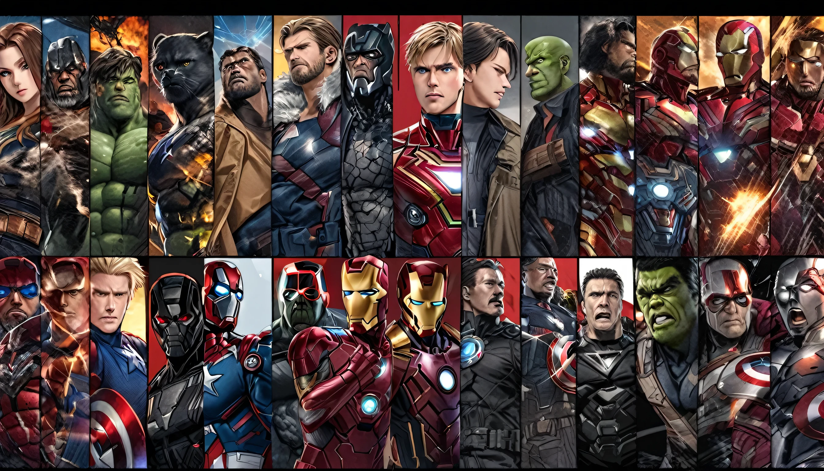 Create an image in which all the MCU Avengers are arranged in a 16:9 frame. Include iconic characters like Iron Man, Captain America, Thor, Black Widow, Hulk, Hawkeye, Scarlet Witch, Vision, Black Panther, Spider-Man, Doctor Strange, Captain Marvel, Falcon, Winter Soldier, Ant-Man, and the Wasp. Feel free to add other characters if you'd like!