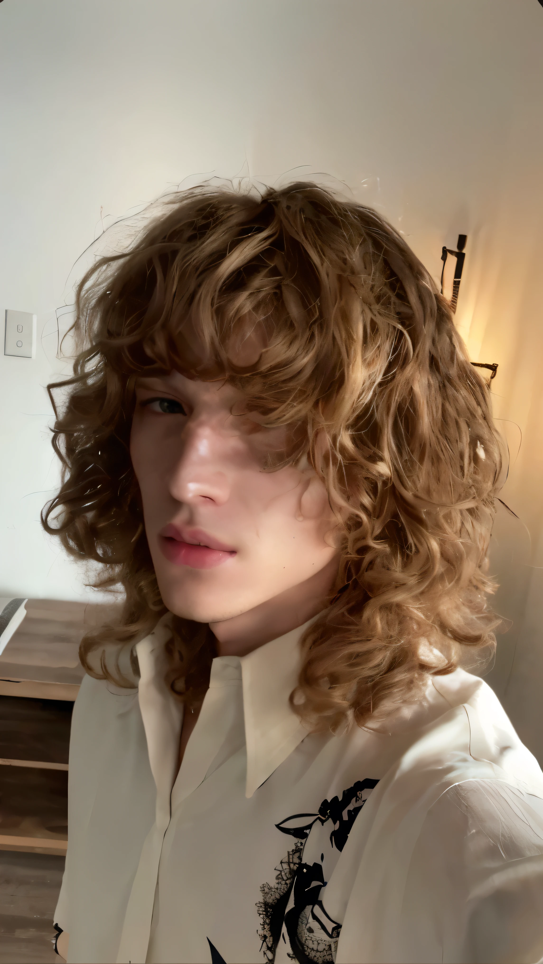 arafed man with curly hair and a white shirt looking at the camera, curly bangs, pale skin curly blond hair, he has short curly brown hair, bangs and wavy hair, messy curly hair, his hair is messy and unkempt, long messy curly hair, curls on top of his head, curly middle part haircut, curly blonde hair | d & d