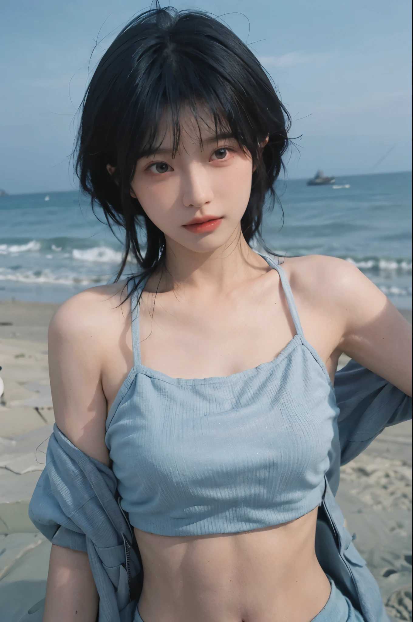 Best quality，Ultra-high resolution，（lifelike：1.4），Cute hairpin，2girll，Short blue hair，jk，Blush，Slim beauty：1.4，Visible abdominal muscles，on the beach，Ultra-fine face，Exquisite eyes，Double eyelids，