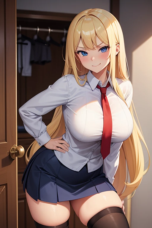 16, girl, long blonde hair, big breasts, seductive stance, cute school outfit, in closet, smirking, not blushing, naughty looking, teasing, black stockings, blue skirt, white button shirt, red tie