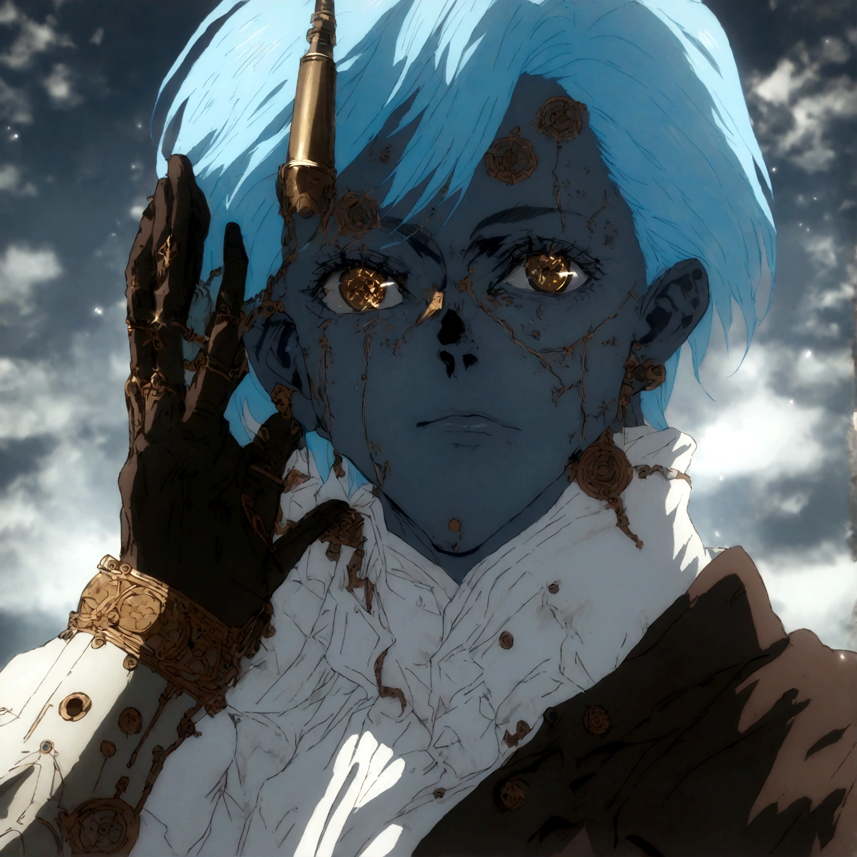 A masterpiece of the highest grade:Evangelion's Rei Ayanami transforms into a steampunk character, wearing a white armored suit that contrasts beautifully with her blue hair, reminiscent of a sparkling waterfall.、Drawn with delicate detail、Each stroke conveys depth and beauty.。Sparkle and shine:Her eyes sparkle with a captivating gaze、Pierces the heart of the viewer。Steampunk aesthetics:Intricate gears and brass accents、Highlighting the technology of a bygone era、It's a perfect blend,Rei Ayanami's face details, jujutsu_kaisen_style