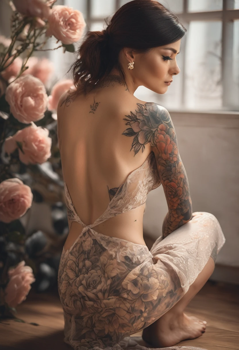 A lovely woman, kneeling with her back to the viewer, delicate flowers tattooed on her bare back, professional photography, high quality, detailed, photorealistic, soft natural lighting, warm color palette, serene atmosphere, intricate tattoo details, graceful pose, beautiful skin tones, cinematic composition, dramatic shadows, depth of field (safe for work)