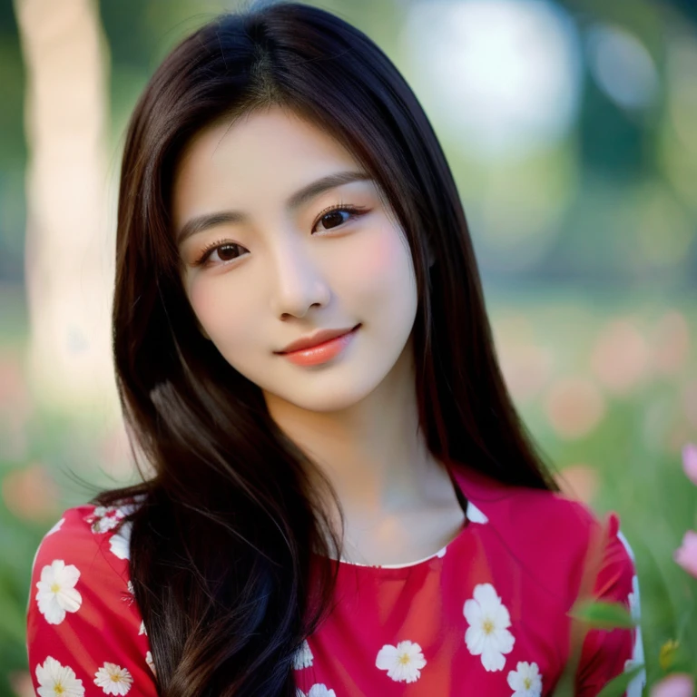 A long-haired woman wearing a black shirt poses in a field of flowers., beautiful south beautiful asian girl, Thai anime, 3 D, 8k, Shot with a high quality Fuji camera, quality 45.,000,000 pixels, realistic light colors,korean woman, beautiful young korean woman, gorgeous young korean woman, Chinese girl, Gorgeous Chinese model, Korean girl, beautiful asian girl, korean woman, Chinese woman,