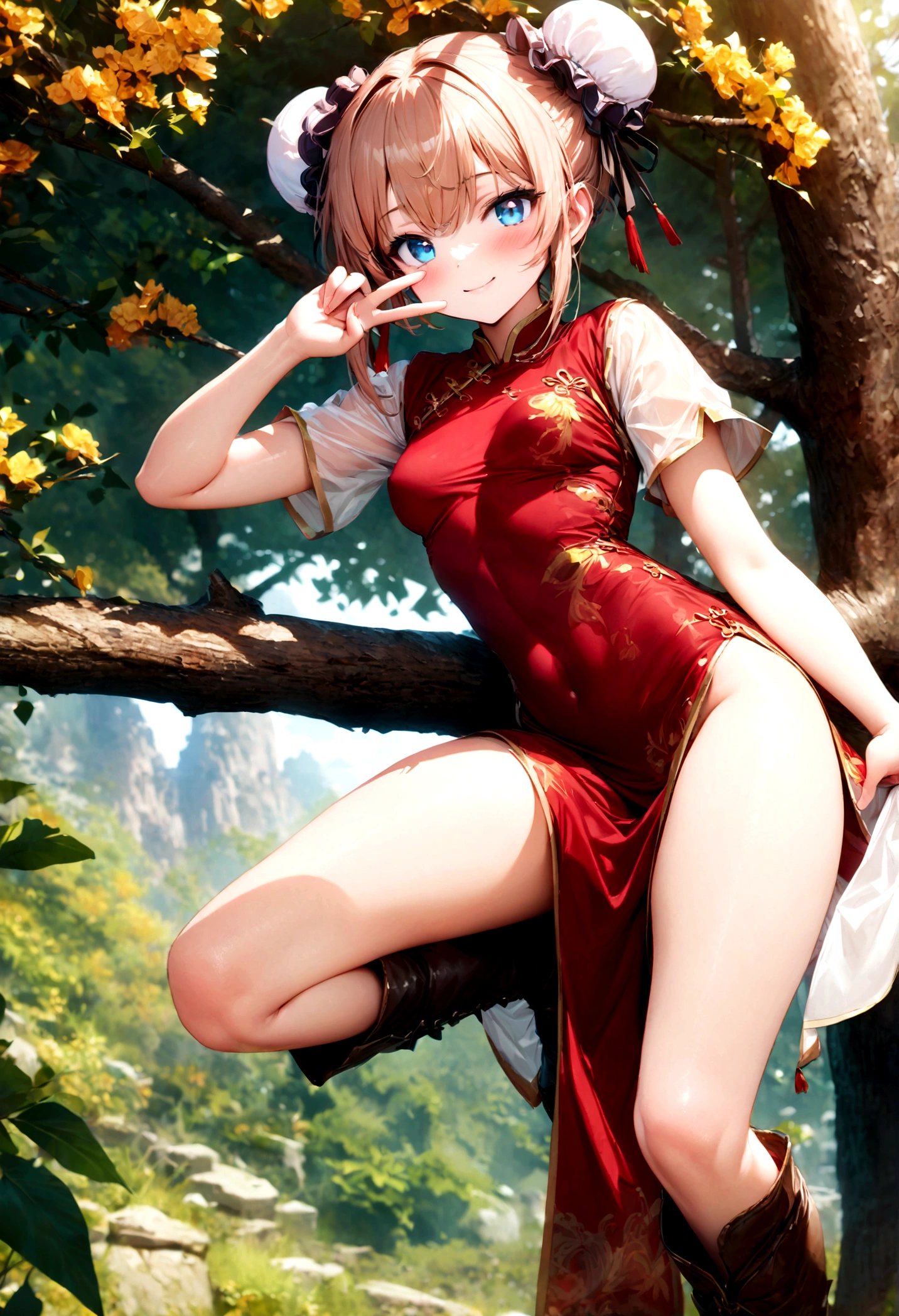 Gintama, Kagura, Orange hair, red dress, double bun, bun cover, china dress, chinese clothes, knee boots, short sleeves, small breasts, Blue eyes, tree, (in_tree), all_fours, on branch, v,, (masterpiece:1.3), (best_quality:1.3), (ultra_detailed:1.3), 8k, extremely_clear,, 1girl, solo, wide_shot,, outdoors,, insane details, intricate details, hyperdetailed, ultra detailed, extreme detailed, highest detailed, high_detail, colorful, beautiful, hdr, photorealistic, highres, ultra_high_res, photography, aesthetic, extremely_delicate,, seductive_smile,