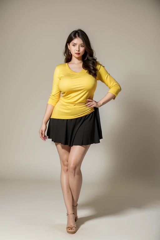 just a photo of the body. face looking at camera. Divergent Russia woman. massage woman. (Red top dress uniform. black underskirt outfit). (real life big mom), (((front body pose))). mom. an (exquisite beautiful woman: 1.4), ((wearing yellow clothing)). (Yellow woman).((Mom)). (best detailed face:1.3), (ultra feminine: 1.3), dynamic hair, long hair, wavy hair, blue eyes, intent eyes, photorealistic, 16k, RAW, award winning, (best detailed: 1.5), masterpiece, best quality, (best detailed: 1.3), full body, ultra wide shot, 3D rendering. (((plain background. no background))). body straight forward facing the camera, no style. upright pose. (((front tread. front view))). ((Pose body)). ((Yellow woman))