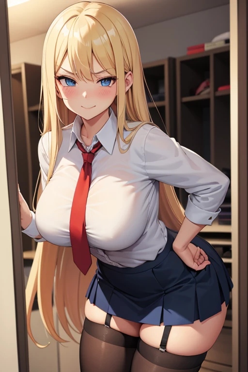 16, girl, long blonde hair, big breasts, seductive stance, cute school outfit, in closet, smirking, not blushing, naughty looking, teasing, black stockings, blue skirt, white button shirt, red tie, black bra