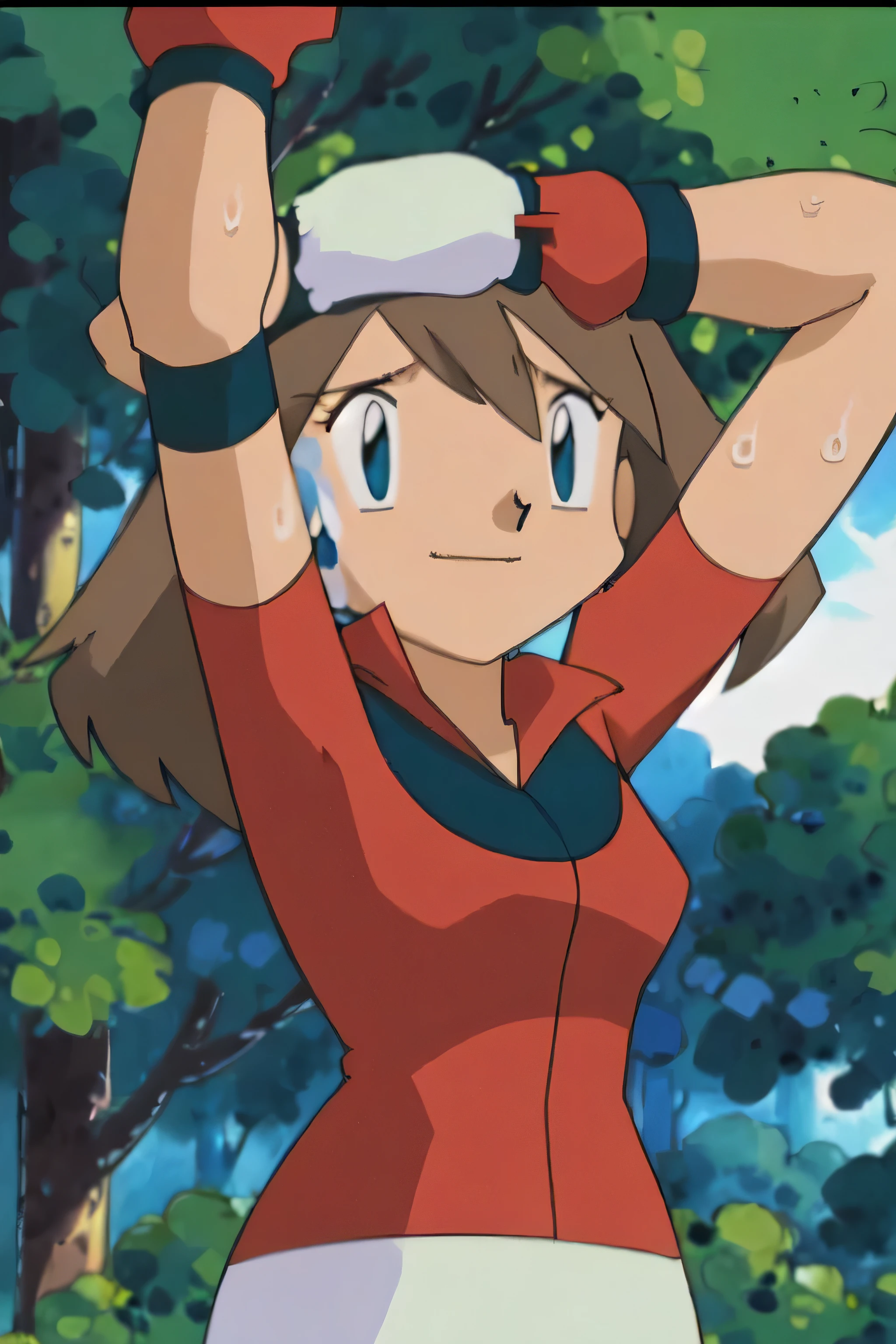 May, sleeveless,red top,sweating,smiling,forest in background, village, blue sky,moderately sized breasts, high quality, masterpiece mature appearance,armpits,sweat,sweaty,sweaty armpits,arms up,showing armpits,awesome armpits,outfit,blackish red arm warmers,maroon arm bands, maroon arm warmers,both arms raised