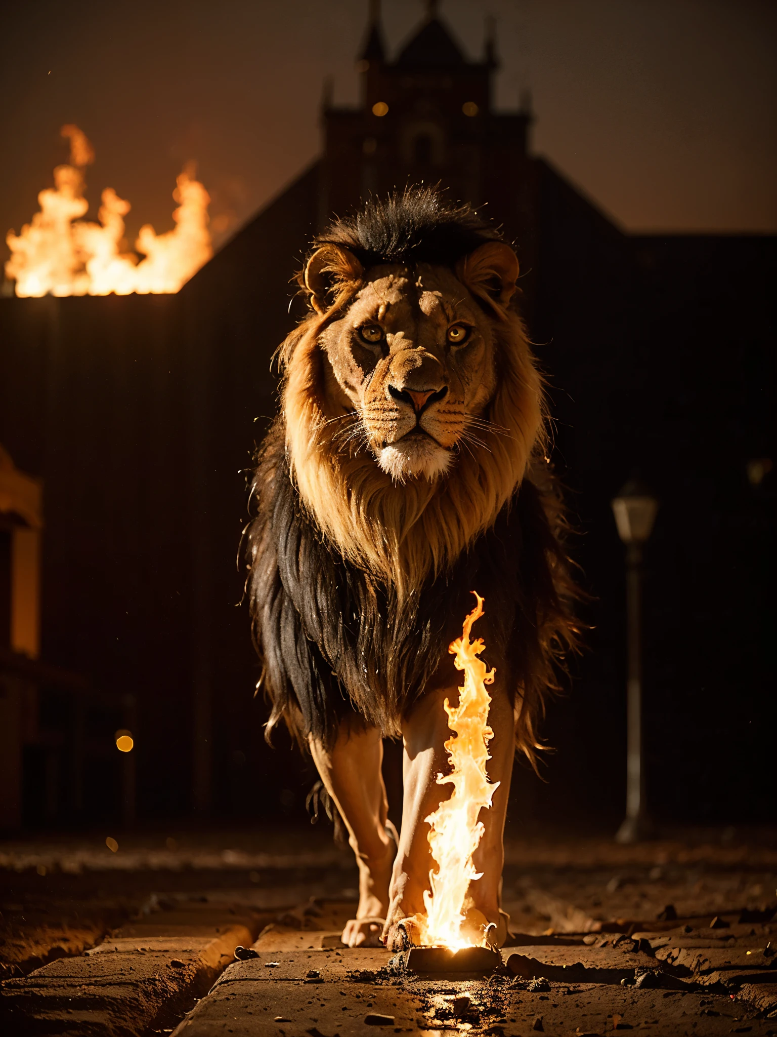 Raw photo, (flaming lion walking outdoor in the dusty square in front of the castle), (lion on fire with face on fire), flames from hair, Image in the center of the composition, in a medieval castle, blurred background, 8K UHD, Low lighting, hiquality, film grain, Fujifilm XT3
