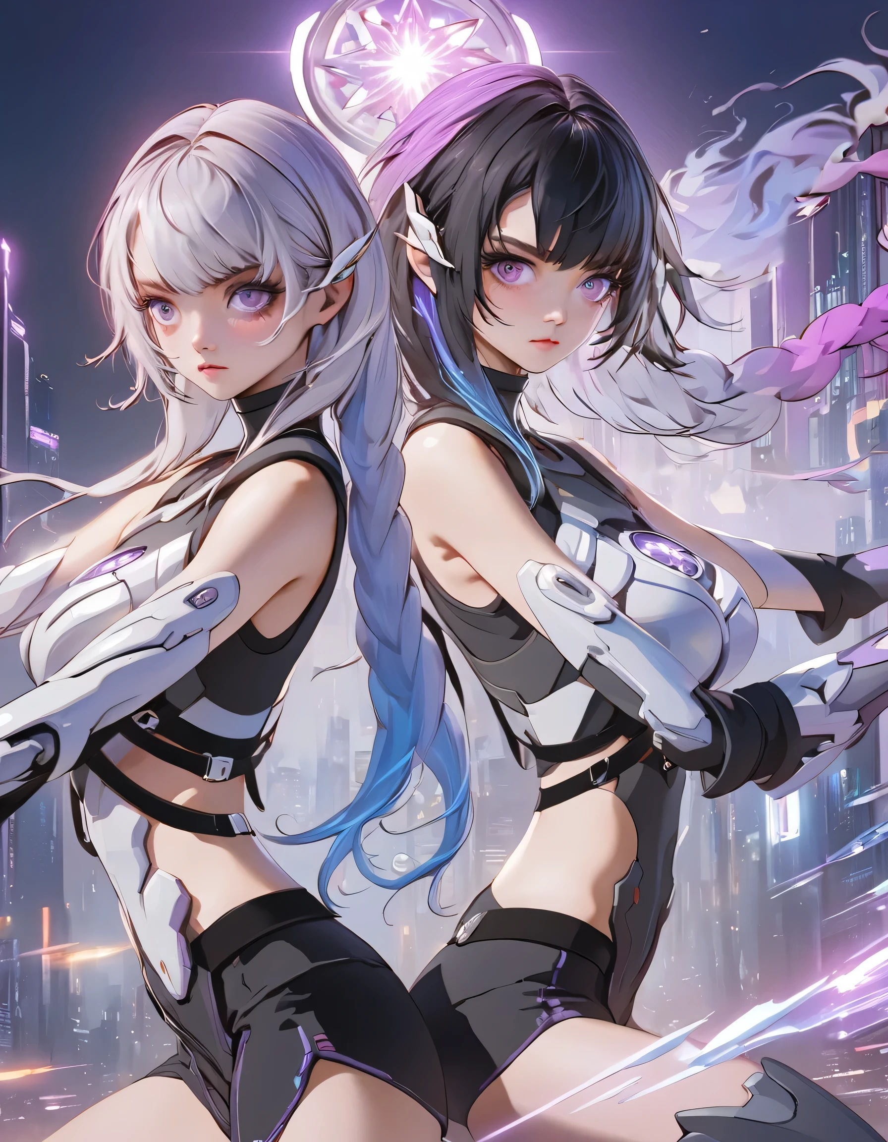 （2 girls）, Back to Back，(Very detailed CG unified 16k wallpaper:1.1), (Denoising Strength: 1.45), cryptic_g，Beautiful and delicate eyes, Mecha coverage, Dark purple with white hair, Fluorescent violet, rose red eyes, The background is a beautifully detailed cyberpunk city, Colorful hair, Beautiful and delicate light, Girl next to her with short black hair，Black and Mecha，Poker face, Cold expression, crazy, Sporty, Very detailed, Lots of details, HD semi-realistic anime CG concept art digital, illustration, Glowing lights, (masterpiece:1.37), masterpiece, best quality，poster