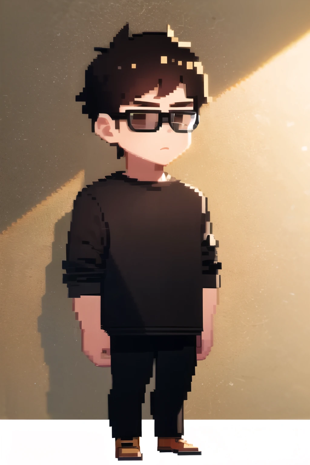 Pixel art para personajes chibi, A man about 35 years old wearing a black shirt and black pants standing in front of a white wall, con barba completa. Brown eyes, que use lentes y el cabello corto y negro.