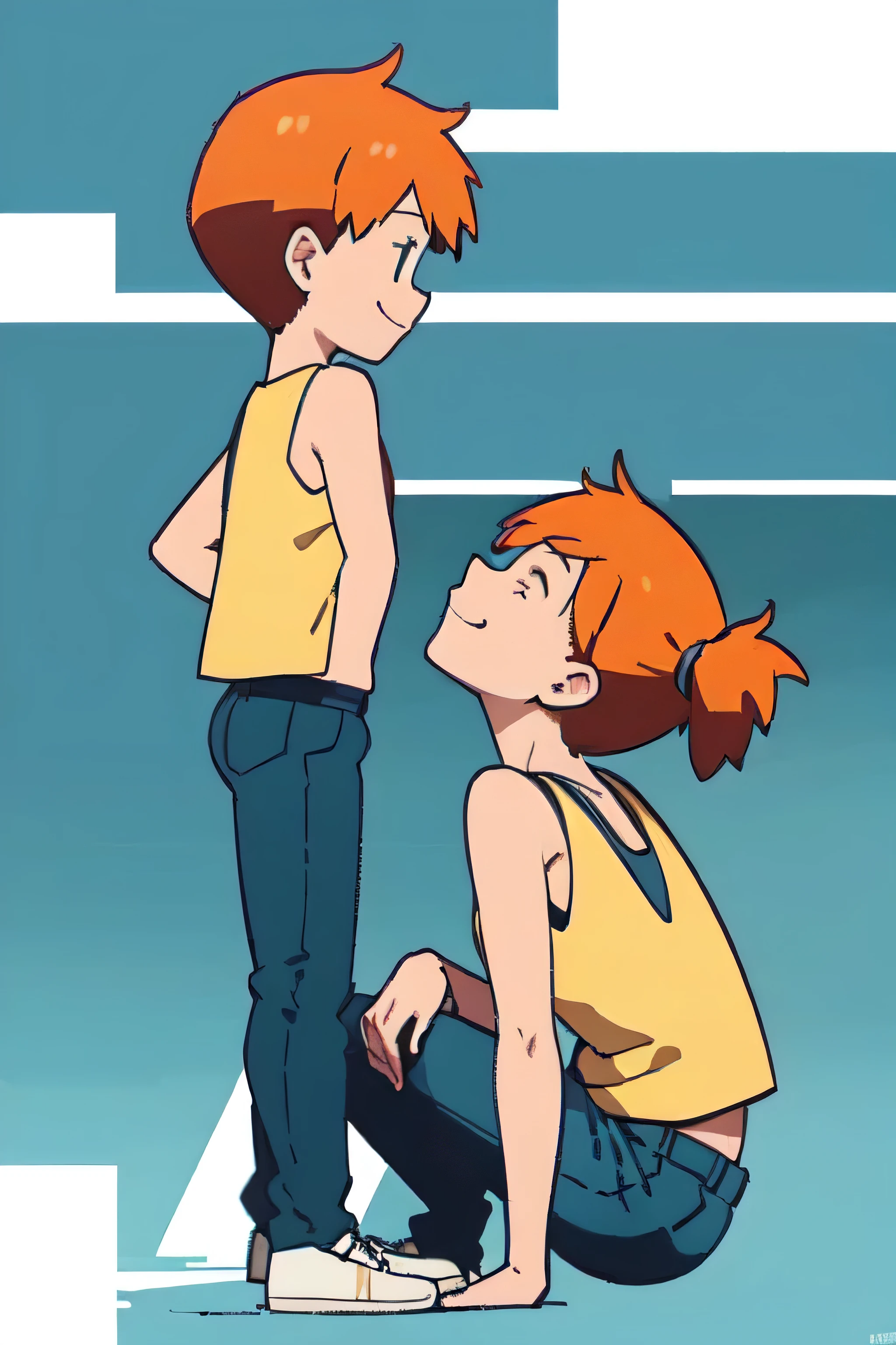 Misty,side view,orange hair,sleeveless,yellow top,hair tied,viewed from side,eyes closed,side view,sensual expression,slightly leaned forwards,leaning in,smiling,viewed from side,looking up,head tilted upwards,smiling,closed eyes ,standing,full body ,viewed from side