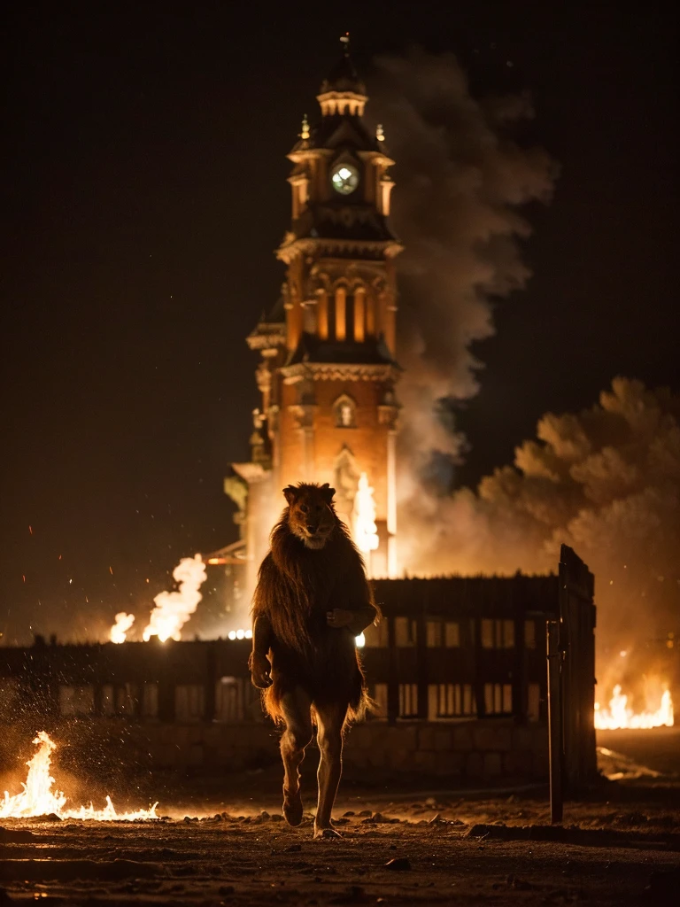 Raw photo, (lion on fire is walking outdoor in the dusty square in front of the castle), Image in the center of the composition, in a medieval castle, blurred background, 8K UHD, Low lighting, hiquality, film grain, Fujifilm XT3
