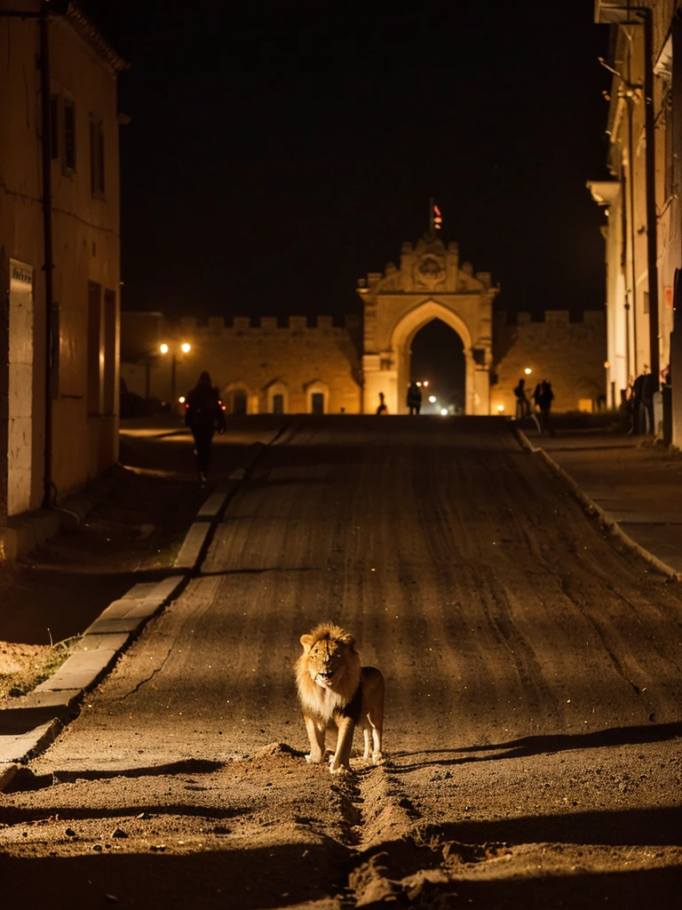 Raw photo, (lion on fire is walking outdoor in the dusty square in front of the castle), Image in the center of the composition, in a medieval castle, blurred background, 8K UHD, Low lighting, hiquality, film grain, Fujifilm XT3
